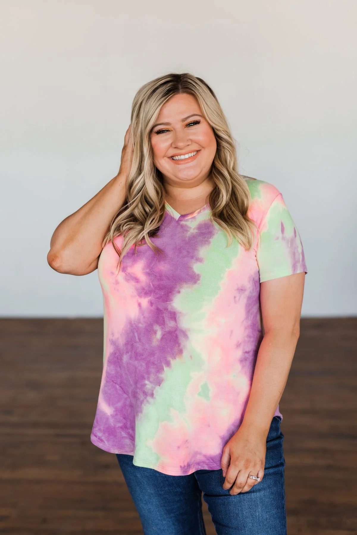 Draw Me Closer Tie Dye V-Neck Top- Pink, Lime, Purple - Image 6
