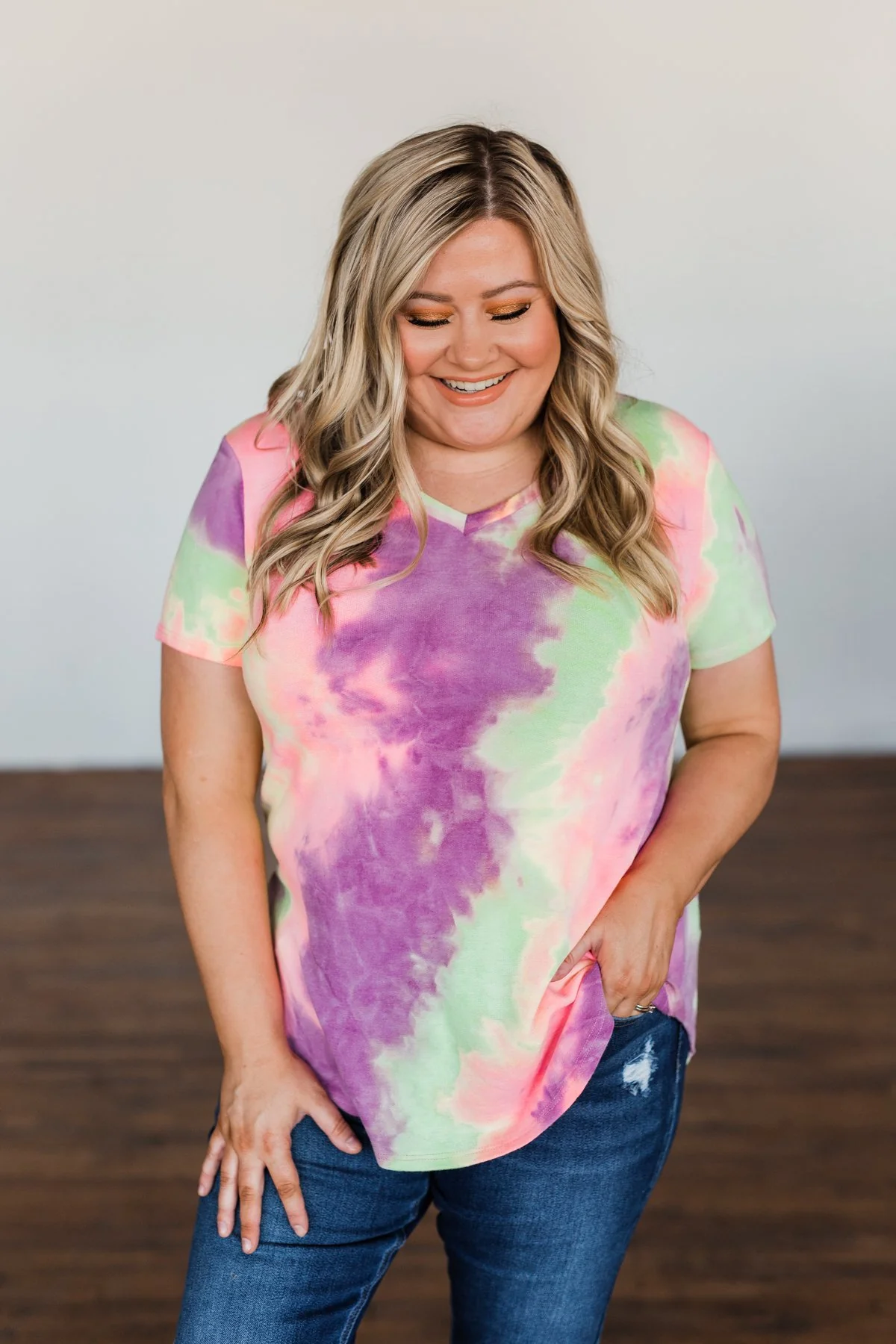Draw Me Closer Tie Dye V-Neck Top- Pink, Lime, Purple - Image 9