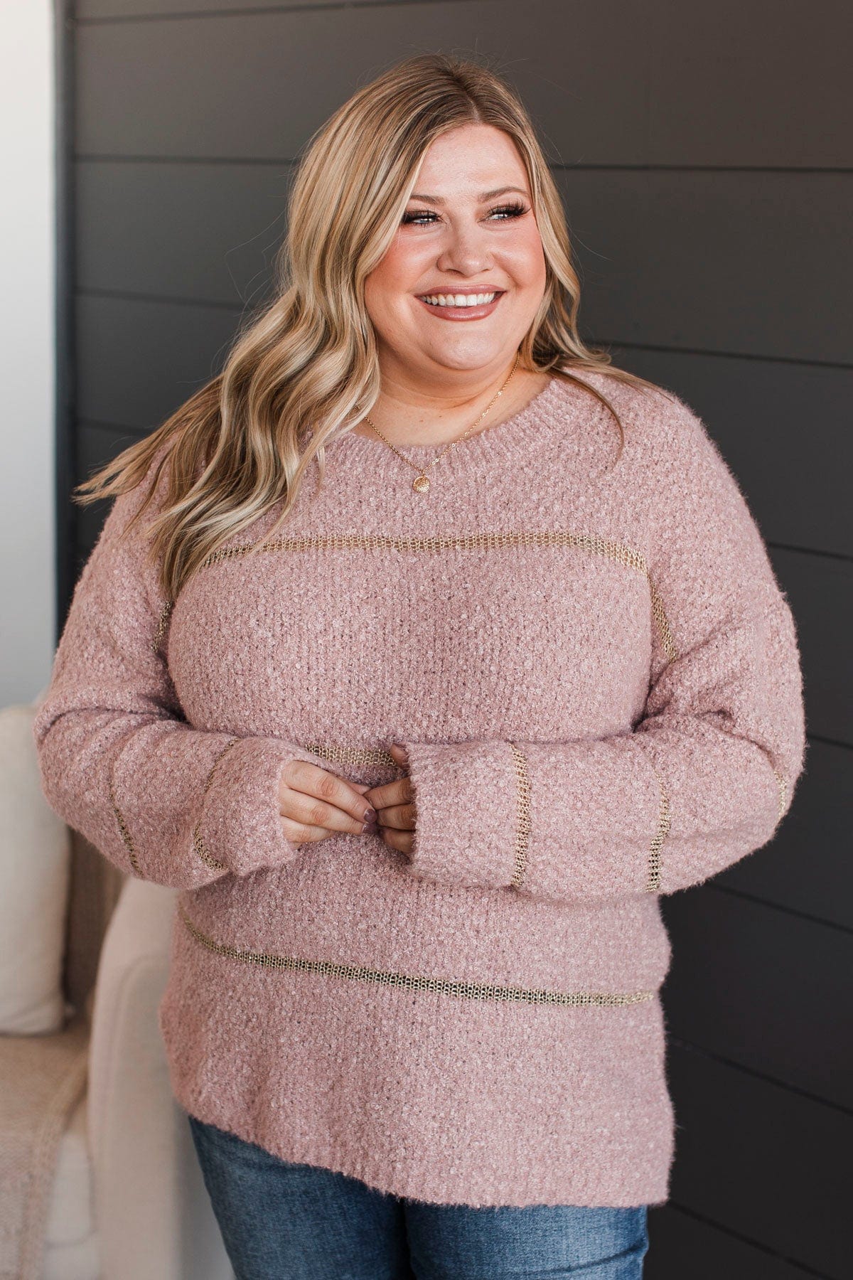 Drawn To You Striped Knit Sweater- Mauve & Gold - Image 2