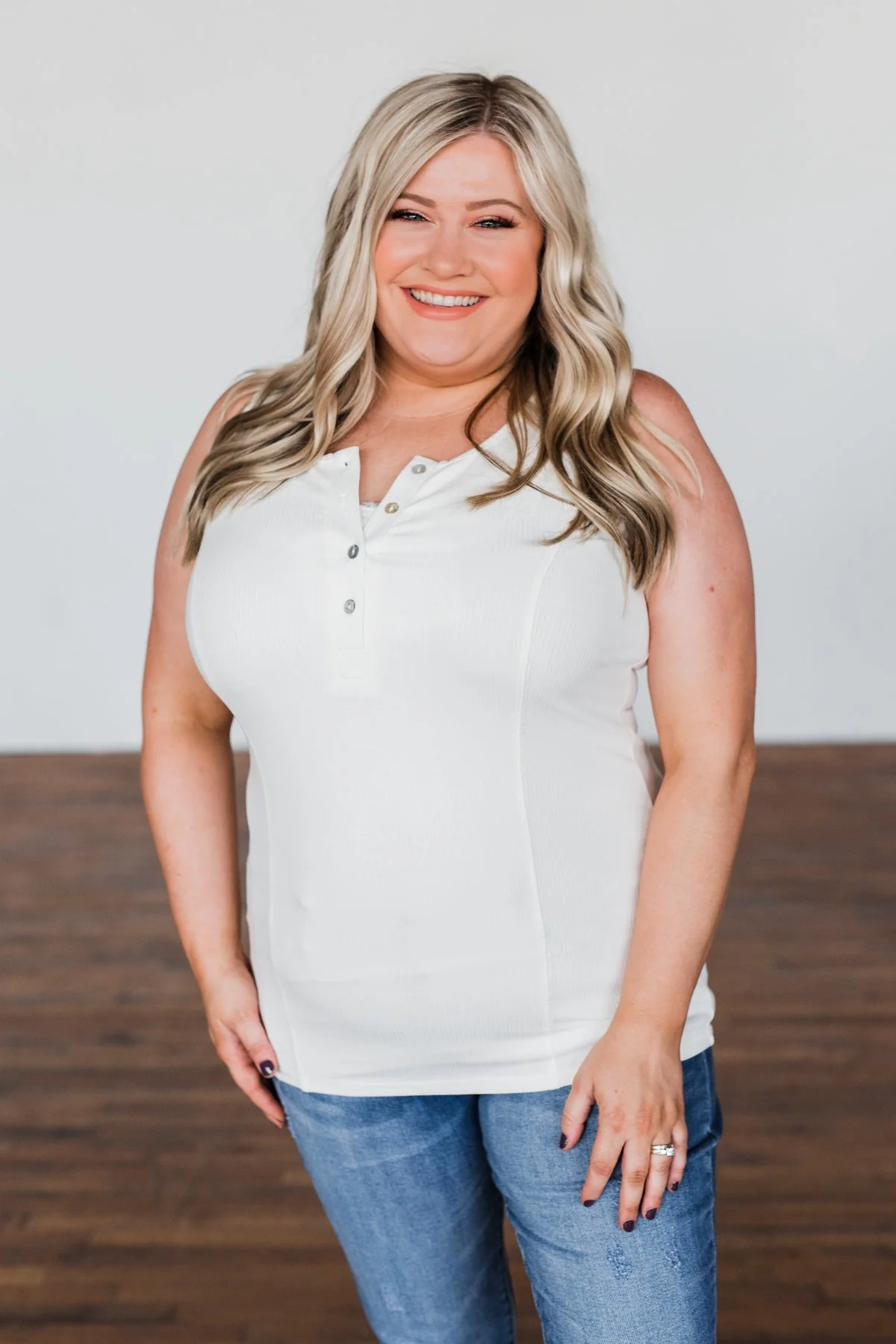 Dream Life Ribbed Button Tank Top- Ivory - Image 2