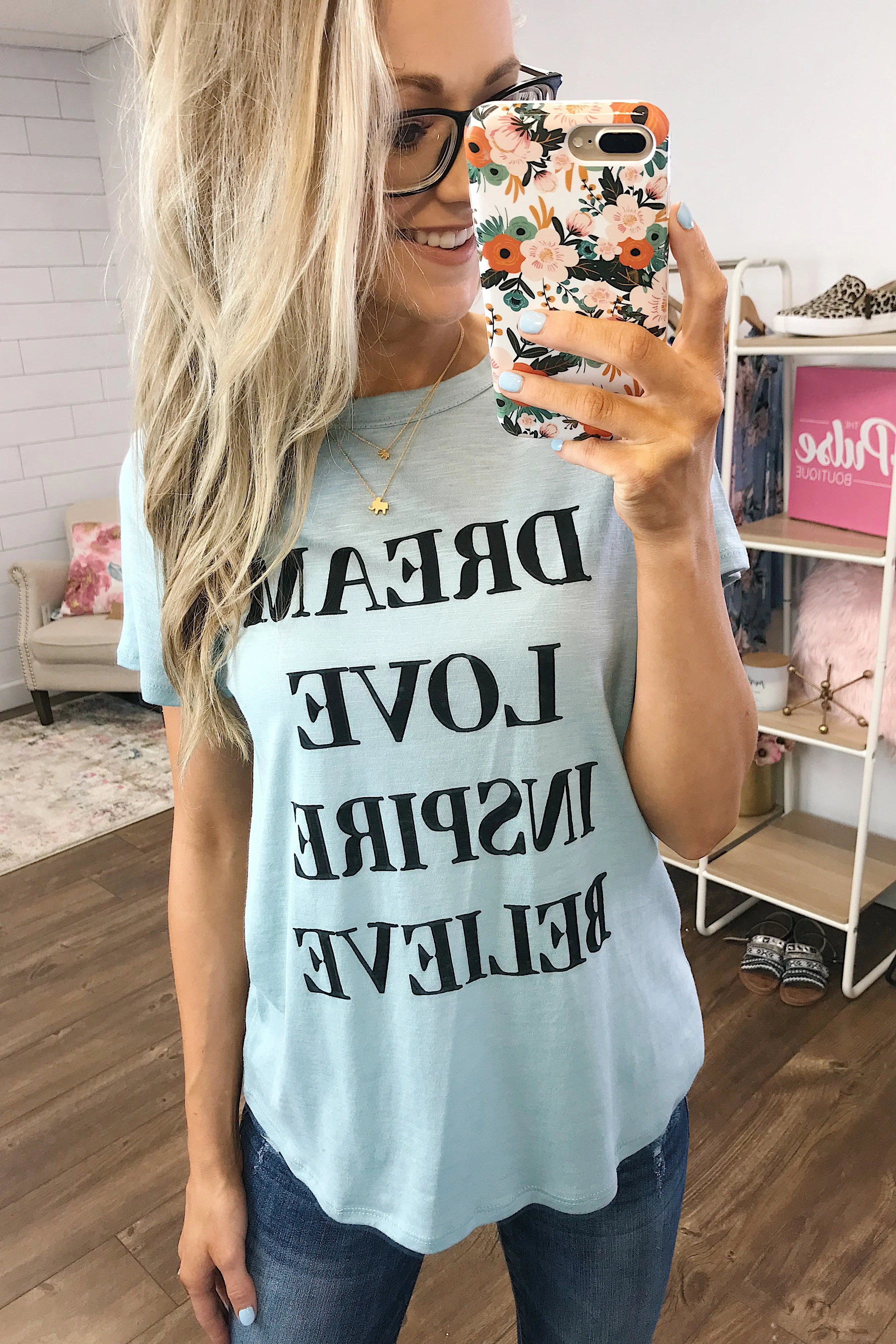 Dream, Love, Inspire, Believe Graphic Tee- Powder Blue - Image 2