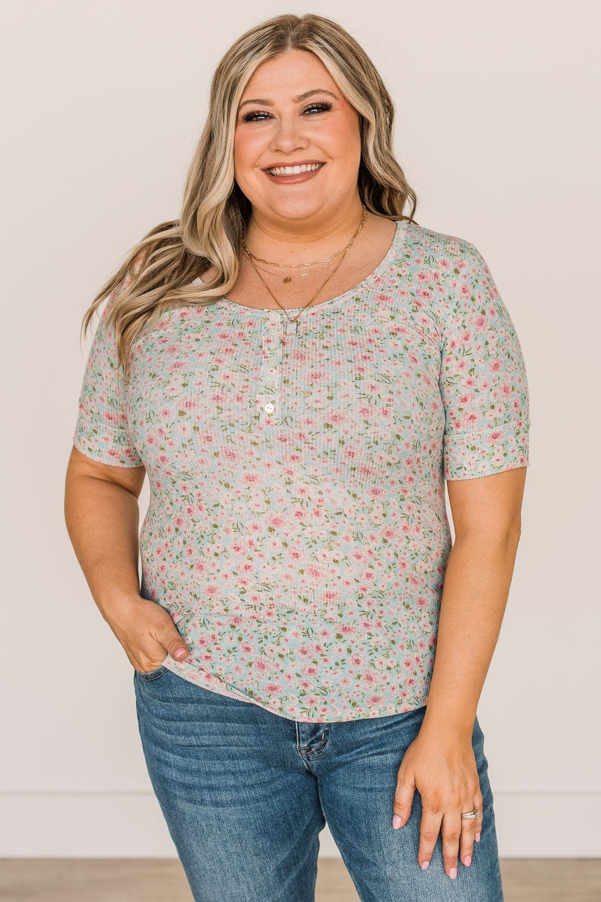 Dream On Floral Button Top- Mint Blue & Pink - Image 2