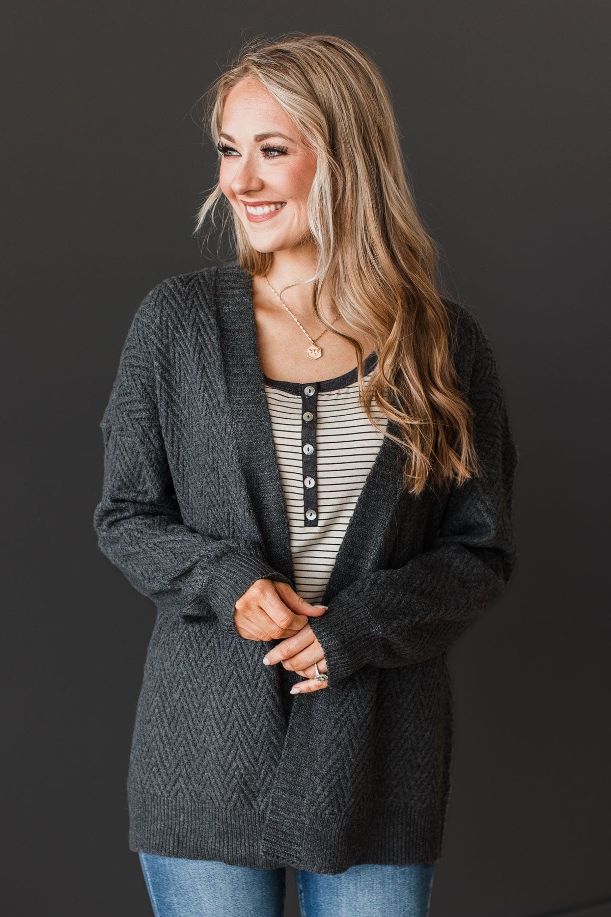 Dream Romance Open Front Cardigan- Charcoal - Image 2