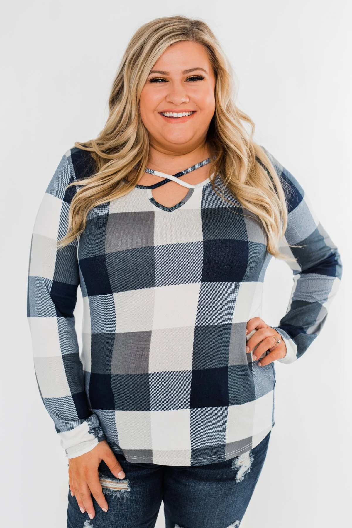 Dreaming About You Plaid Top- Navy & Ivory - Image 3
