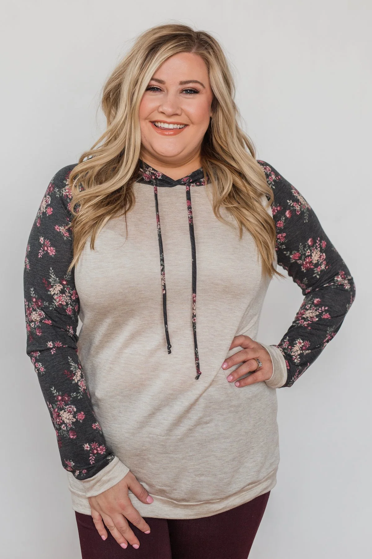 Dreaming in Floral Lightweight Hoodie- Oatmeal & Charcoal - Image 2