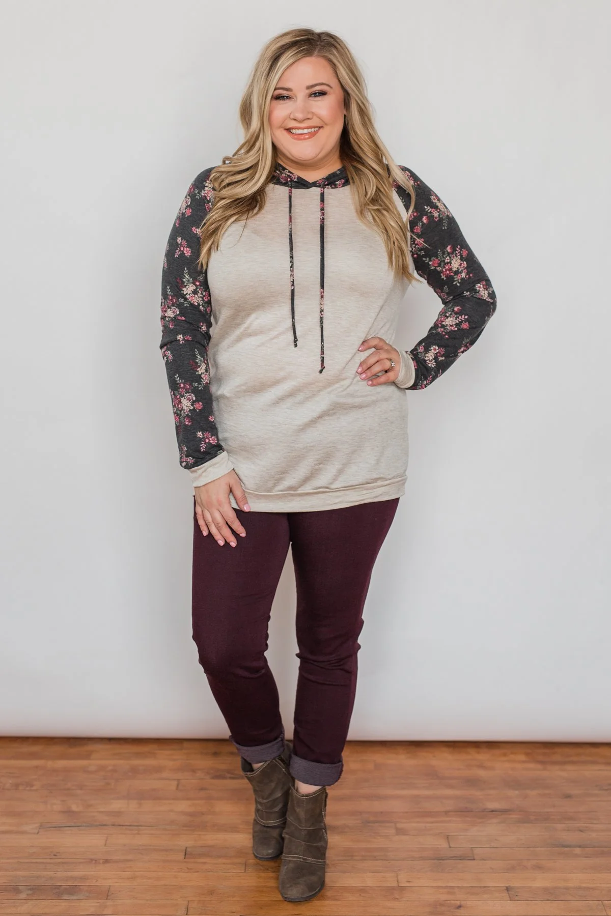Dreaming in Floral Lightweight Hoodie- Oatmeal & Charcoal - Image 4