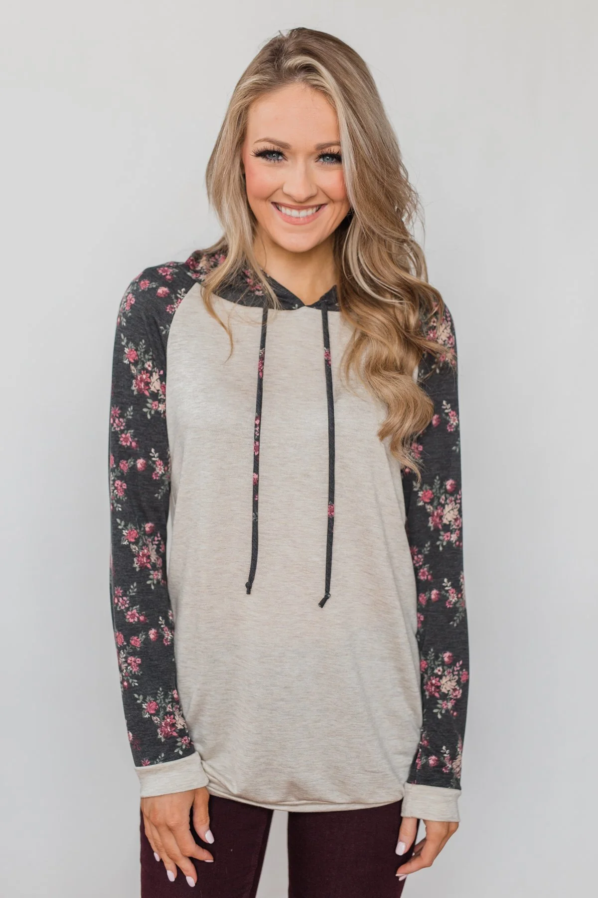 Dreaming in Floral Lightweight Hoodie- Oatmeal & Charcoal - Image 5