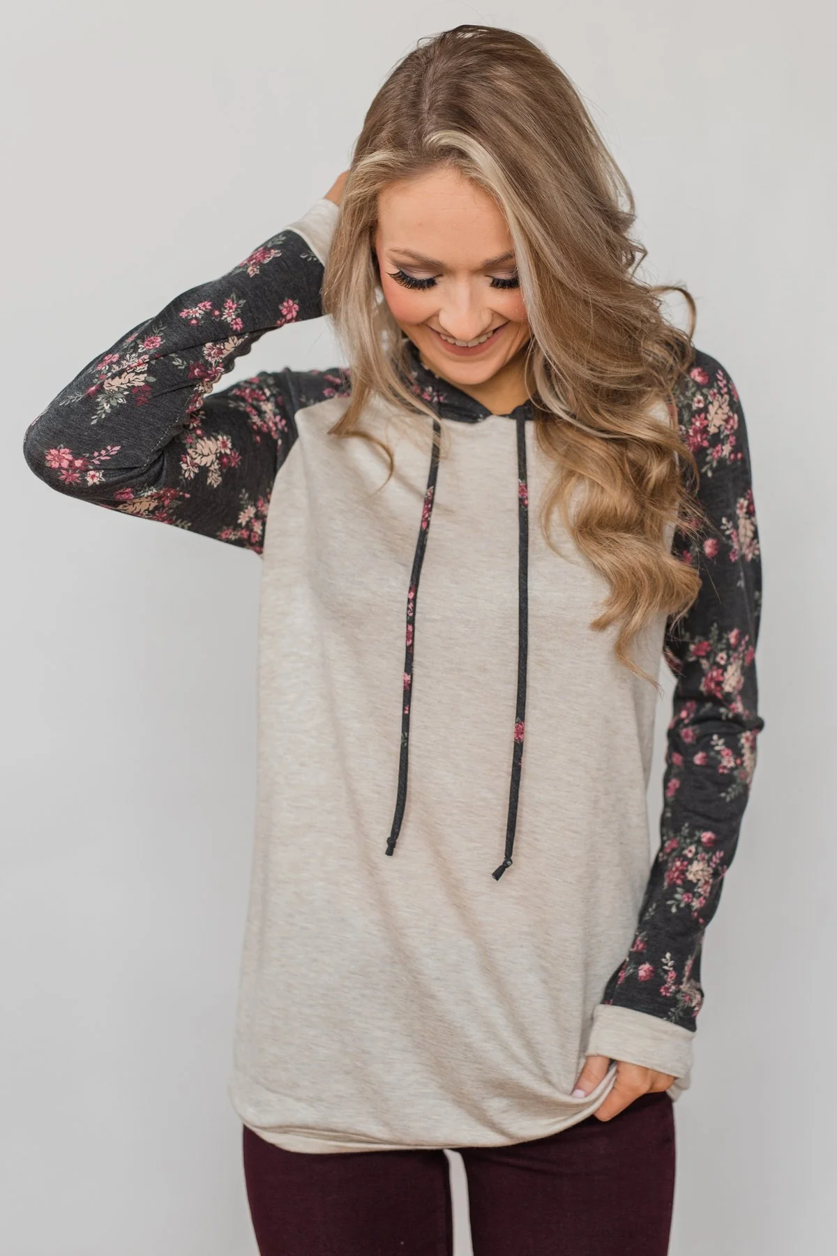 Dreaming in Floral Lightweight Hoodie- Oatmeal & Charcoal - Image 6