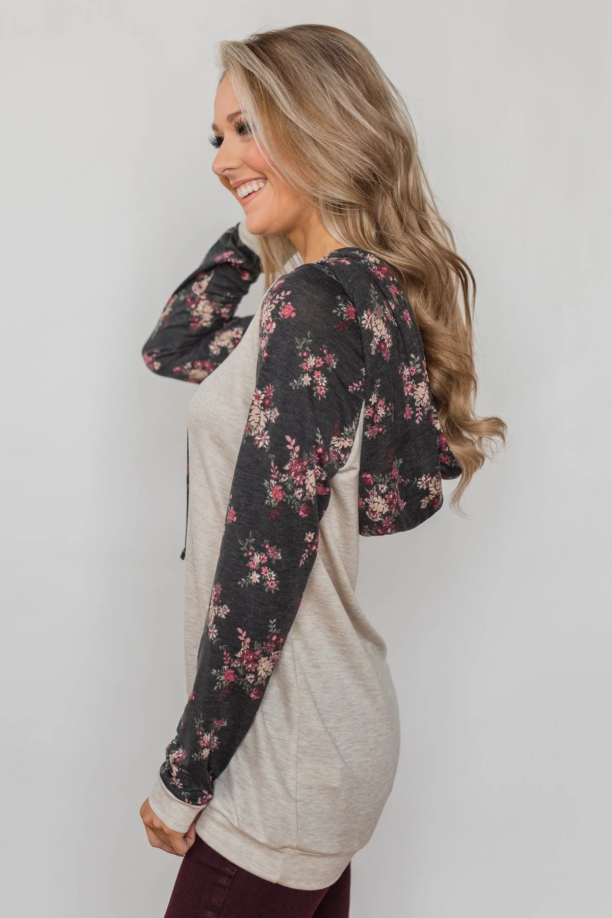 Dreaming in Floral Lightweight Hoodie- Oatmeal & Charcoal - Image 7