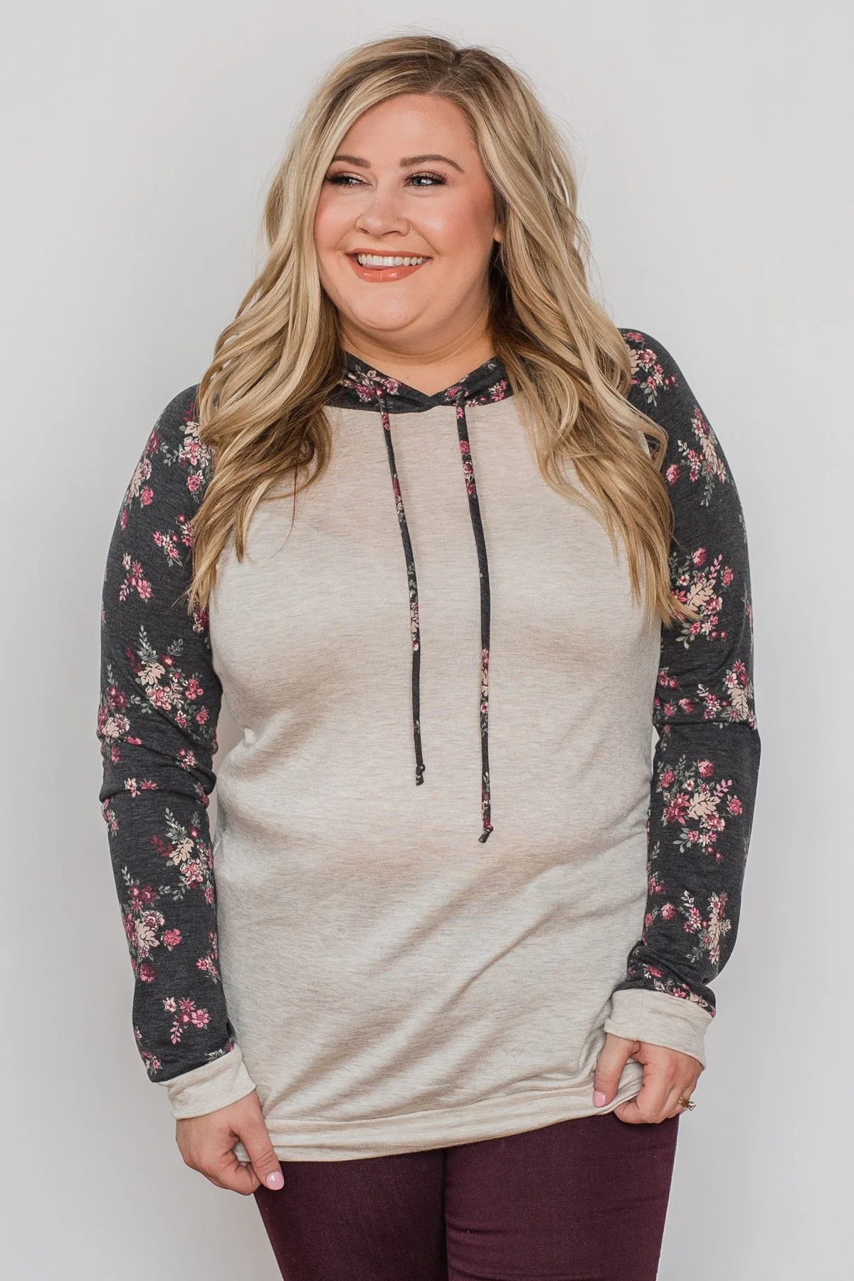 Dreaming in Floral Lightweight Hoodie- Oatmeal & Charcoal - Image 9