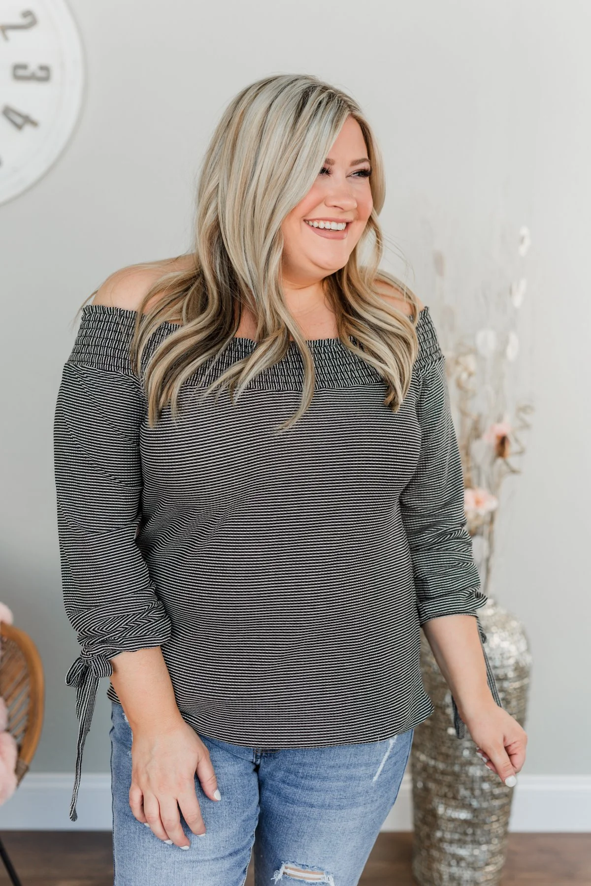 Dreaming of Stripes Off the Shoulder Top- Black & White - Image 5