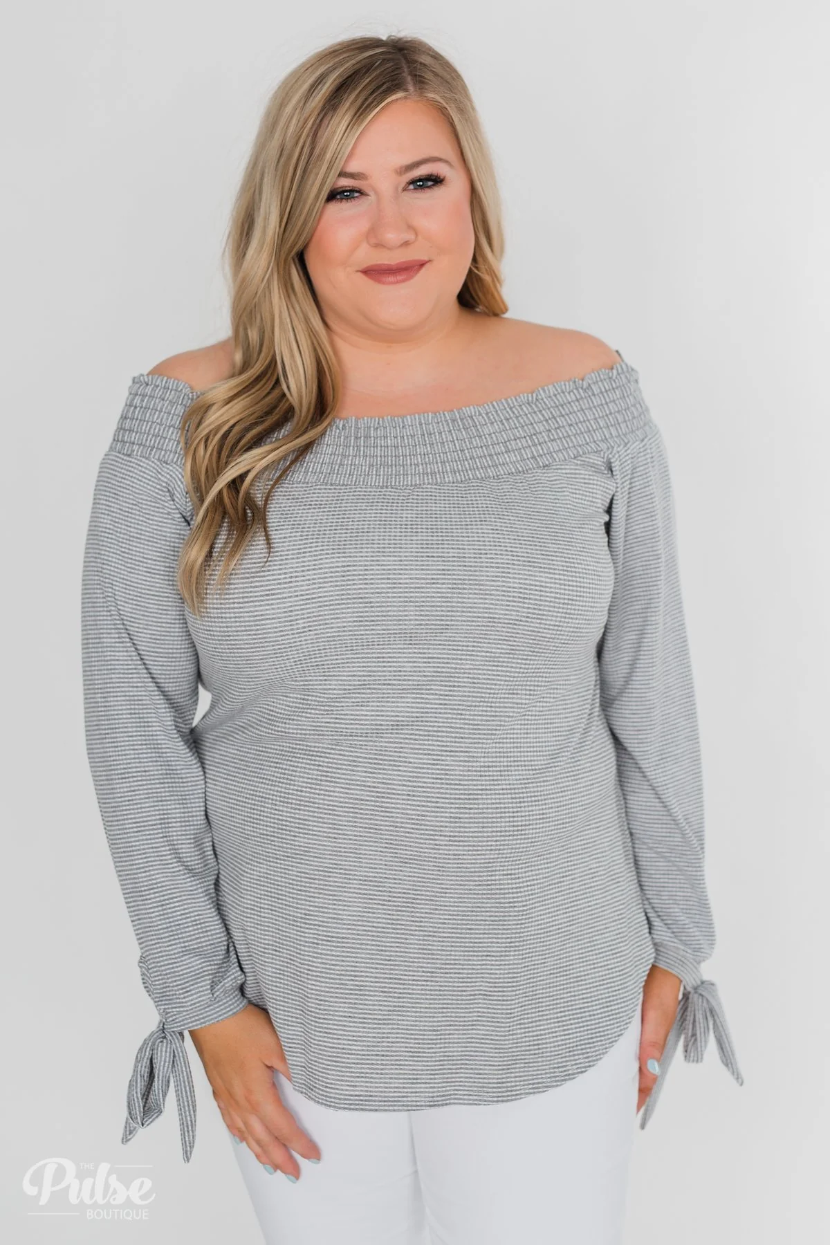 Dreaming of Stripes Off the Shoulder Top - Grey & White - Image 10
