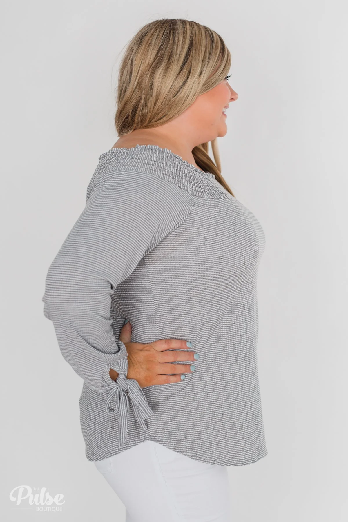 Dreaming of Stripes Off the Shoulder Top - Grey & White - Image 11