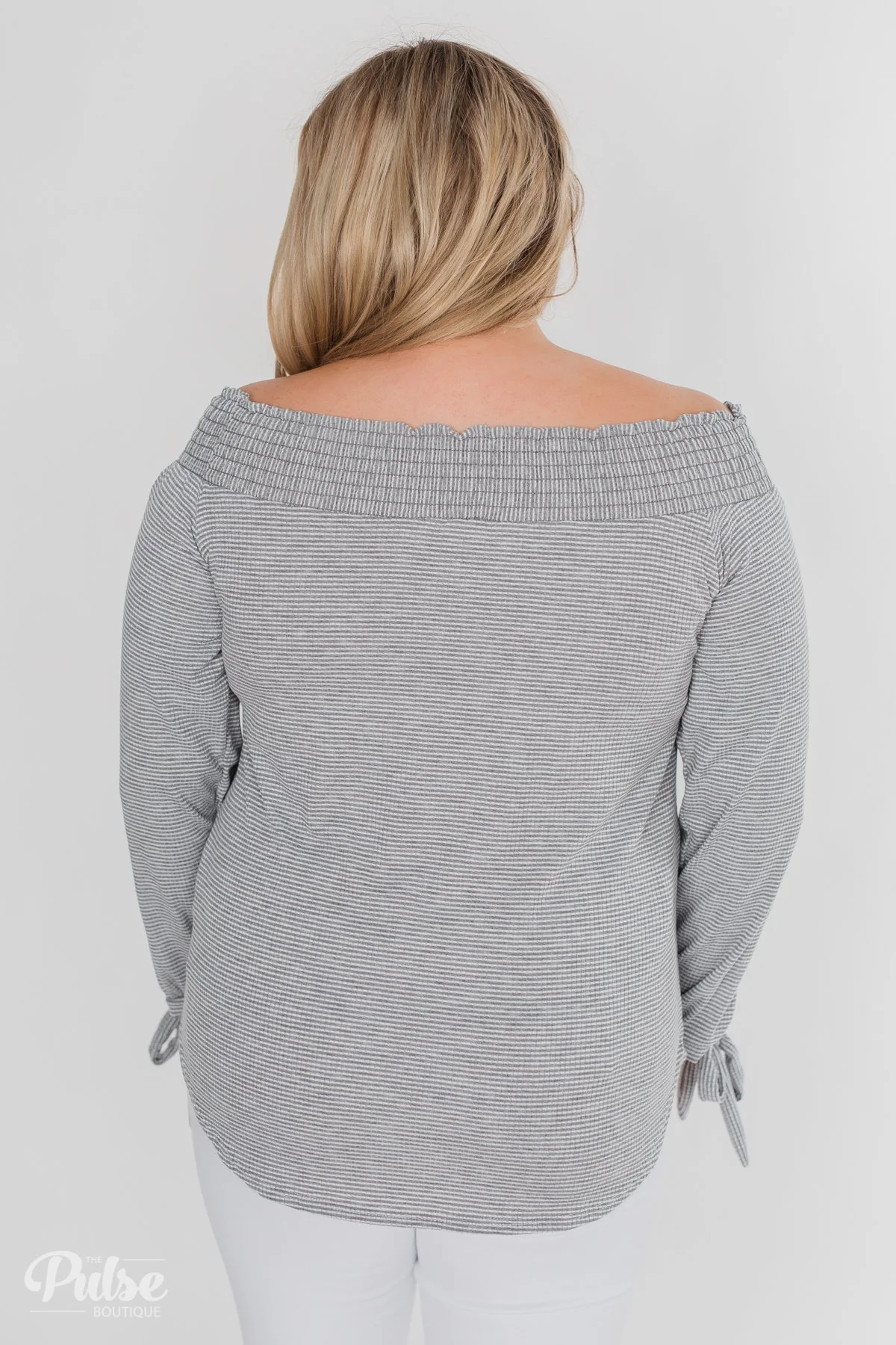 Dreaming of Stripes Off the Shoulder Top - Grey & White - Image 12