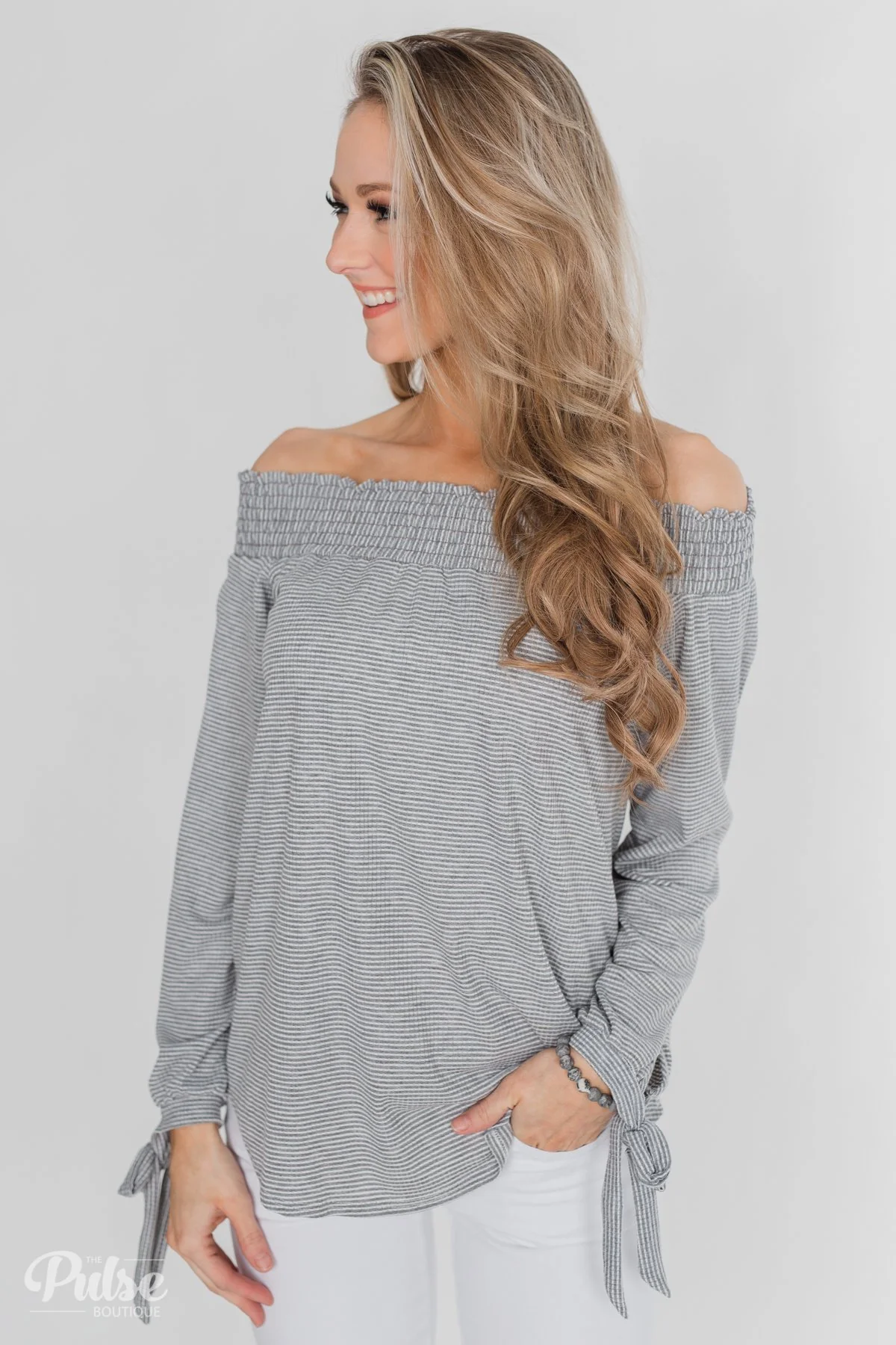 Dreaming of Stripes Off the Shoulder Top - Grey & White - Image 5