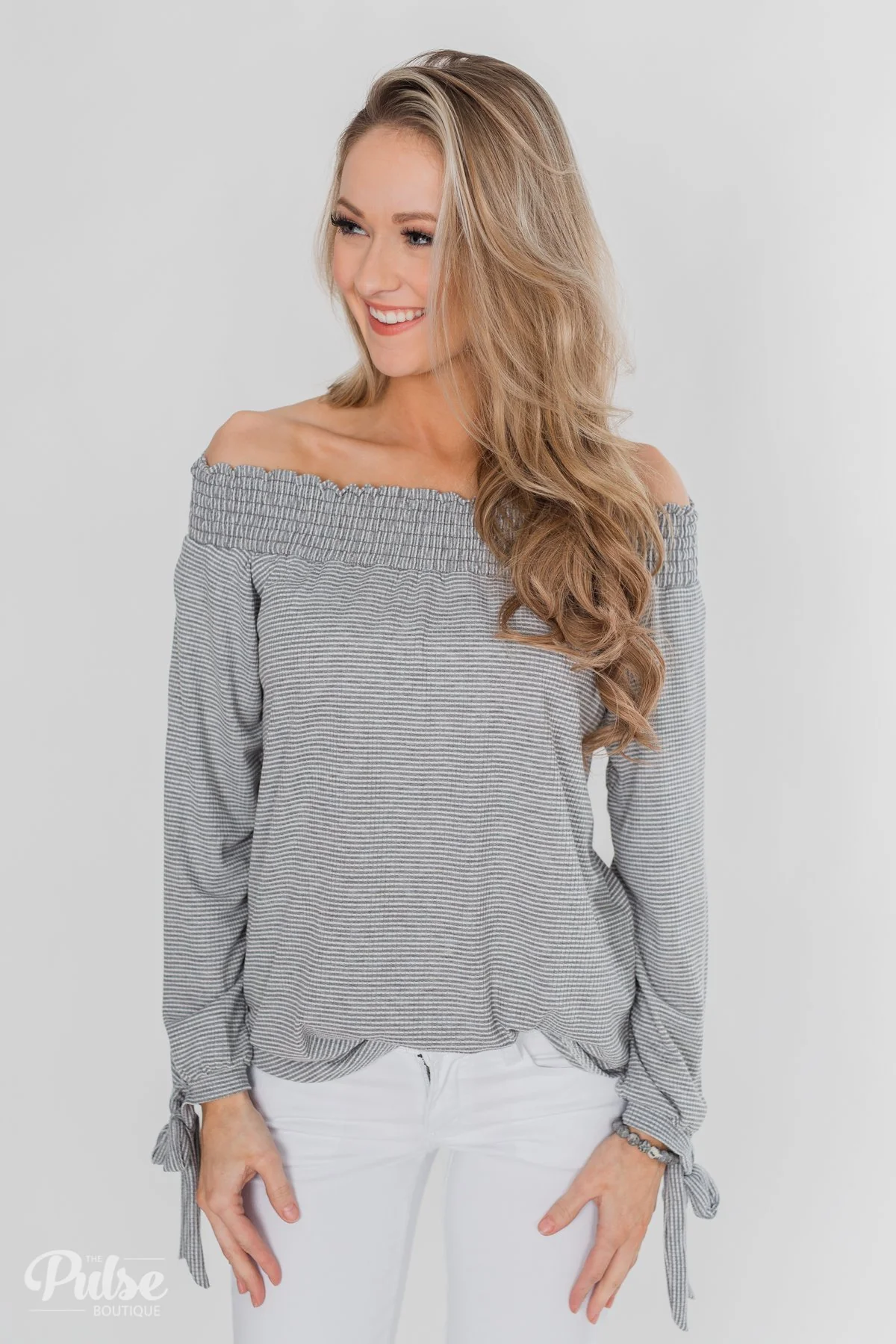 Dreaming of Stripes Off the Shoulder Top - Grey & White - Image 6