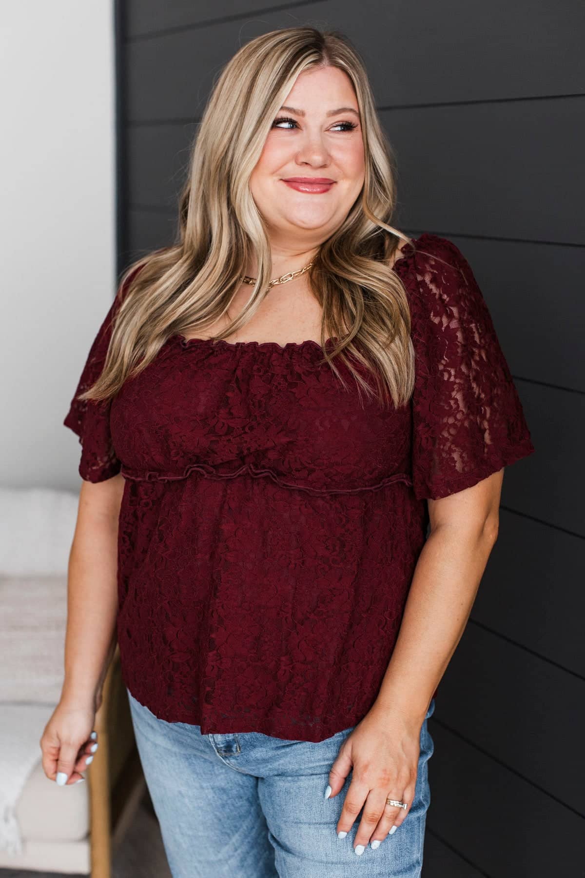 Dreaming Out Loud Floral Lace Blouse- Burgundy