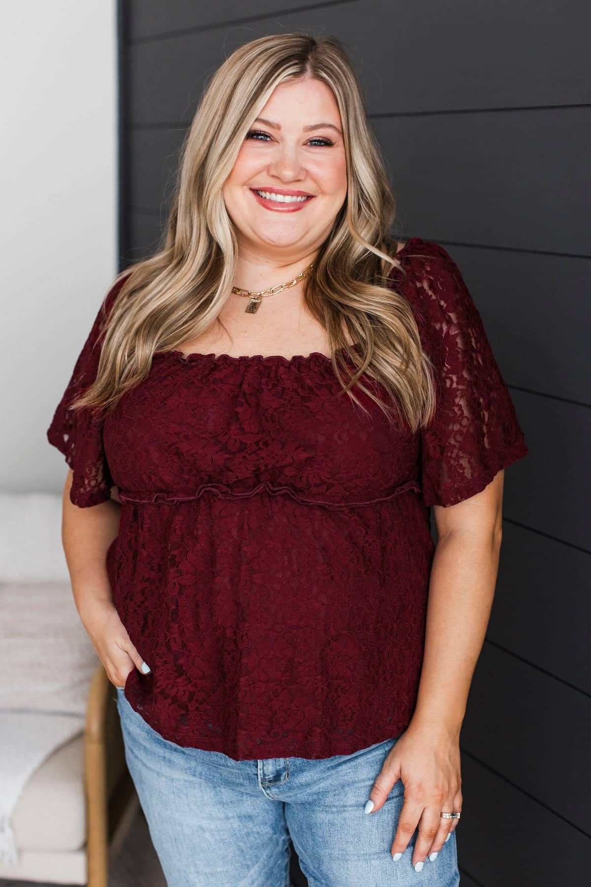 Dreaming Out Loud Floral Lace Blouse- Burgundy - Image 3