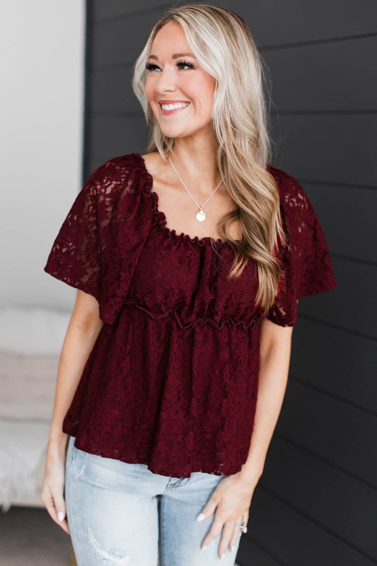 Dreaming Out Loud Floral Lace Blouse- Burgundy - Image 4