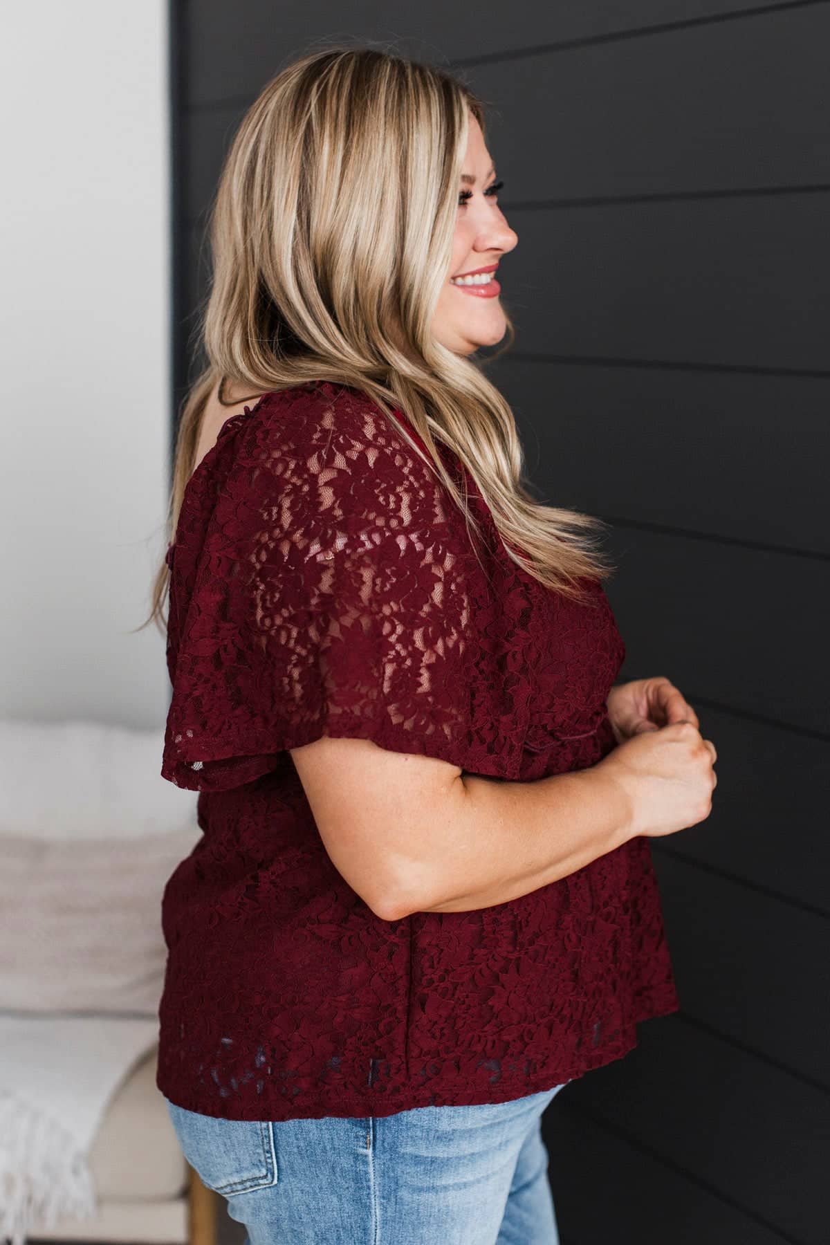 Dreaming Out Loud Floral Lace Blouse- Burgundy - Image 5