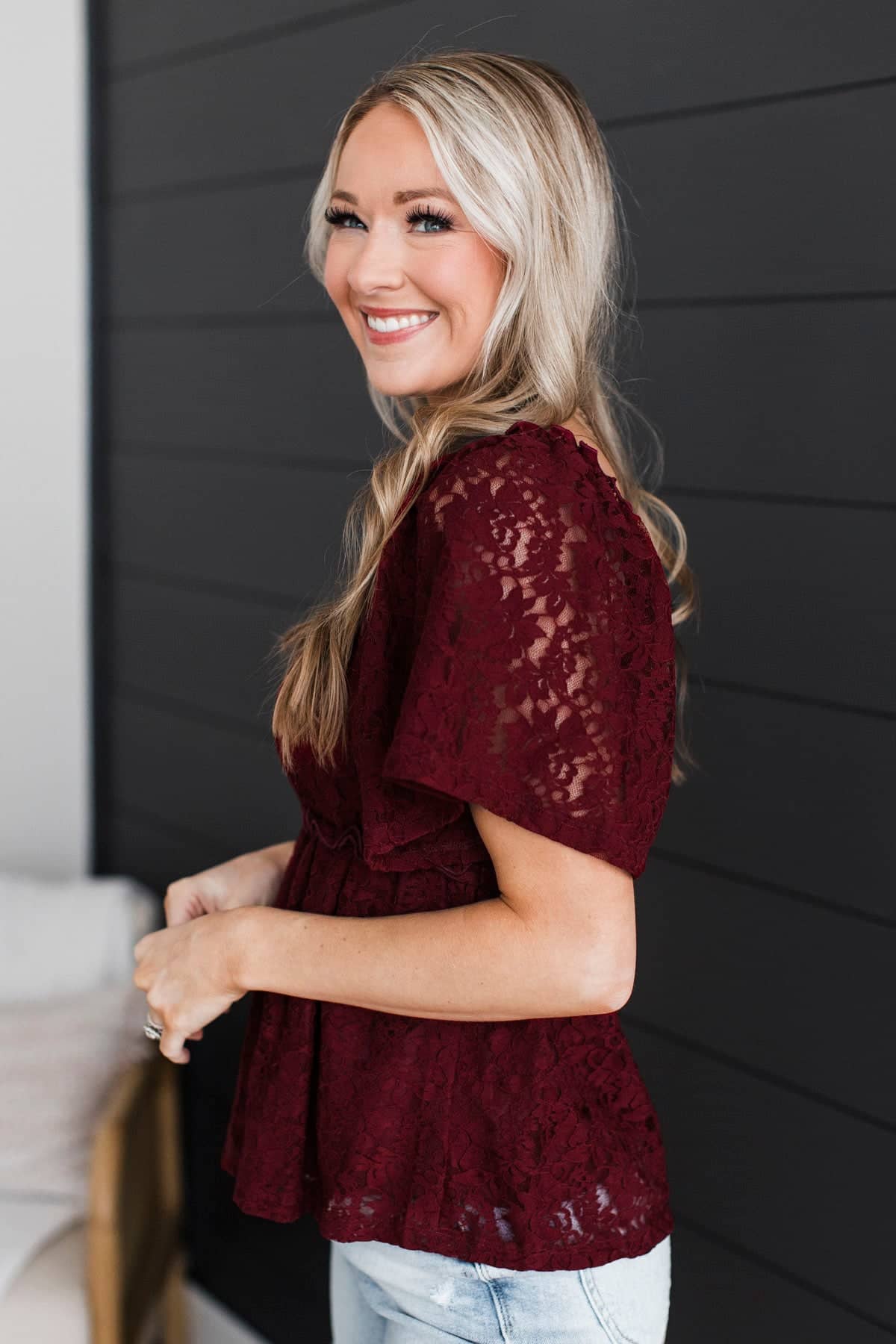 Dreaming Out Loud Floral Lace Blouse- Burgundy - Image 6