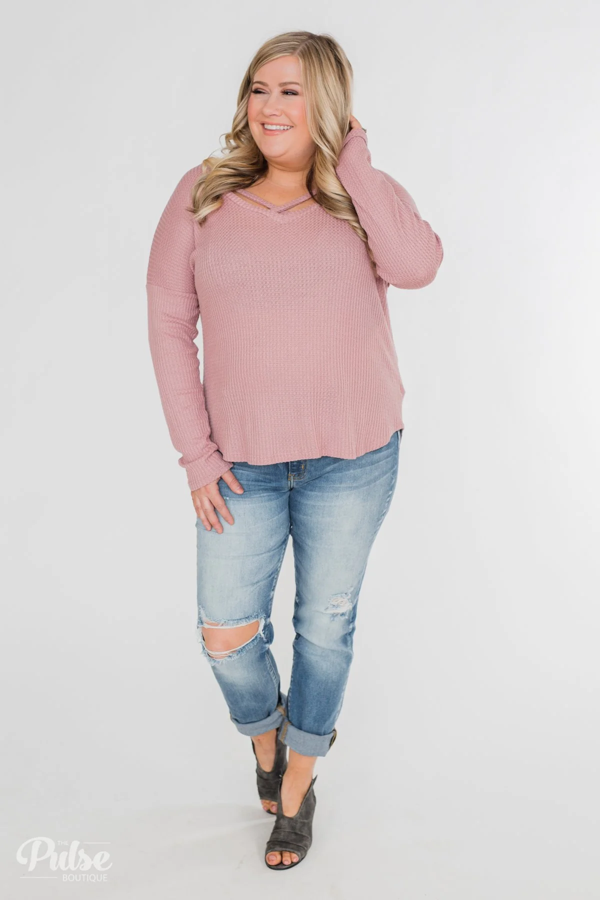 Dreams Come True Criss Cross Waffle Top- Mauve - Image 6
