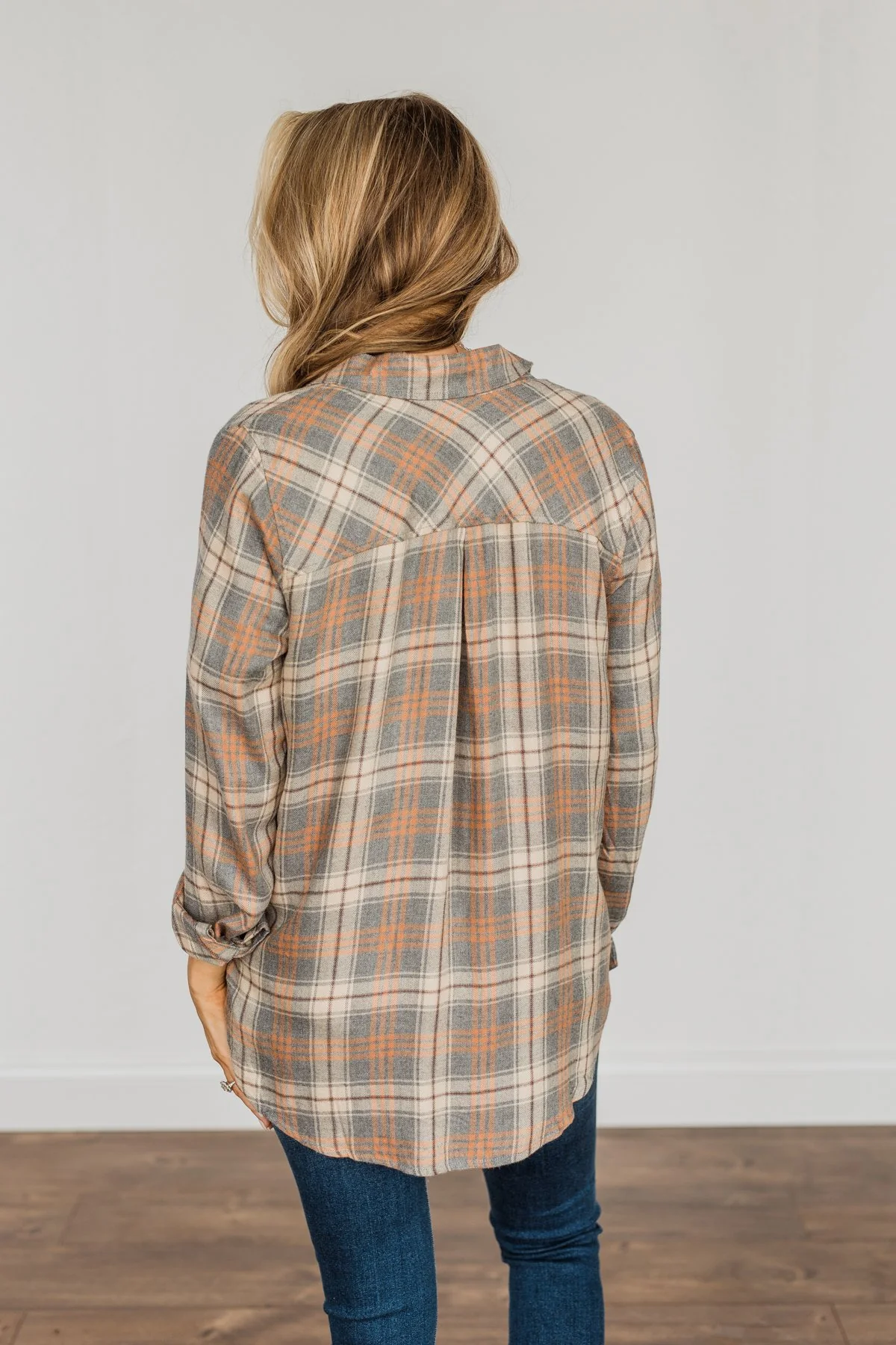 Dreams Like These Button Down Plaid Top- Grey, Oatmeal & Orange - Image 18