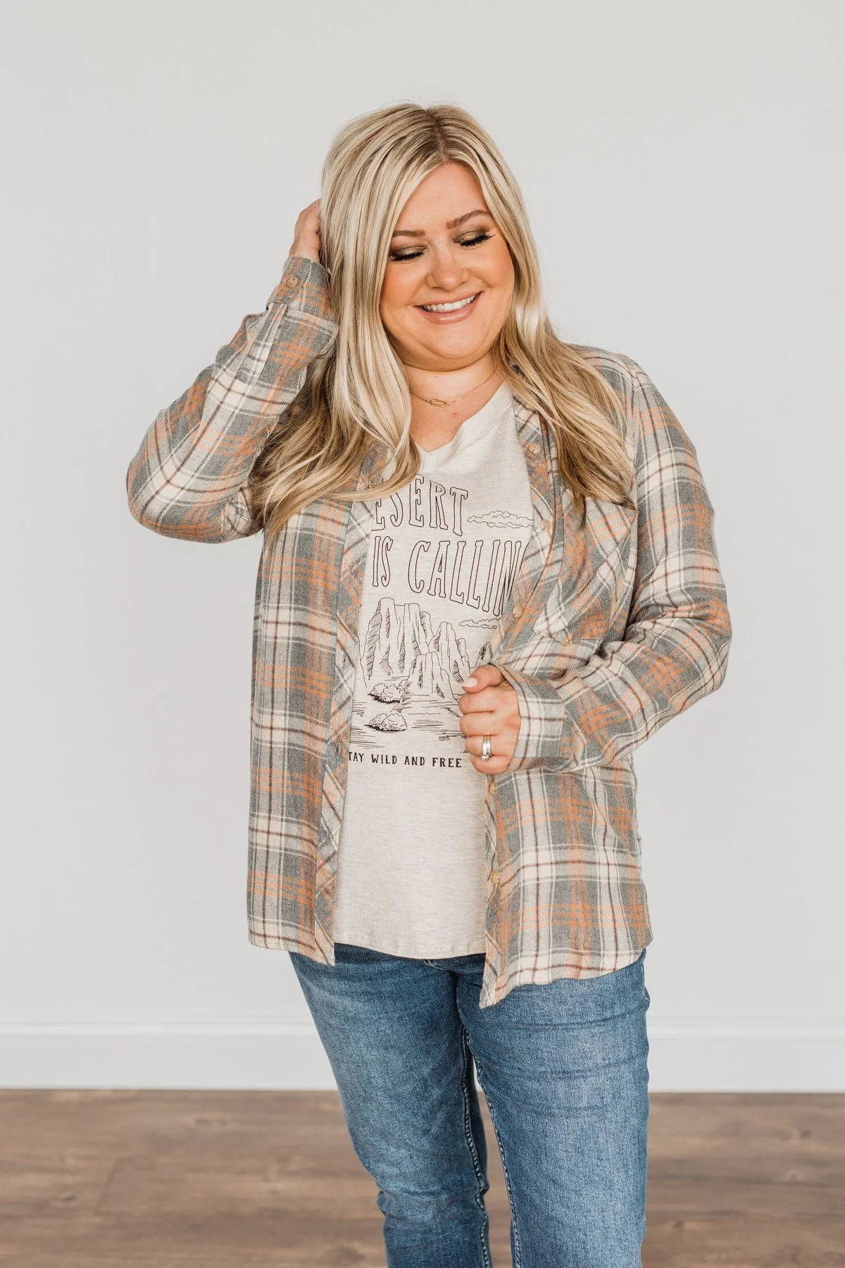 Dreams Like These Button Down Plaid Top- Grey, Oatmeal & Orange - Image 2