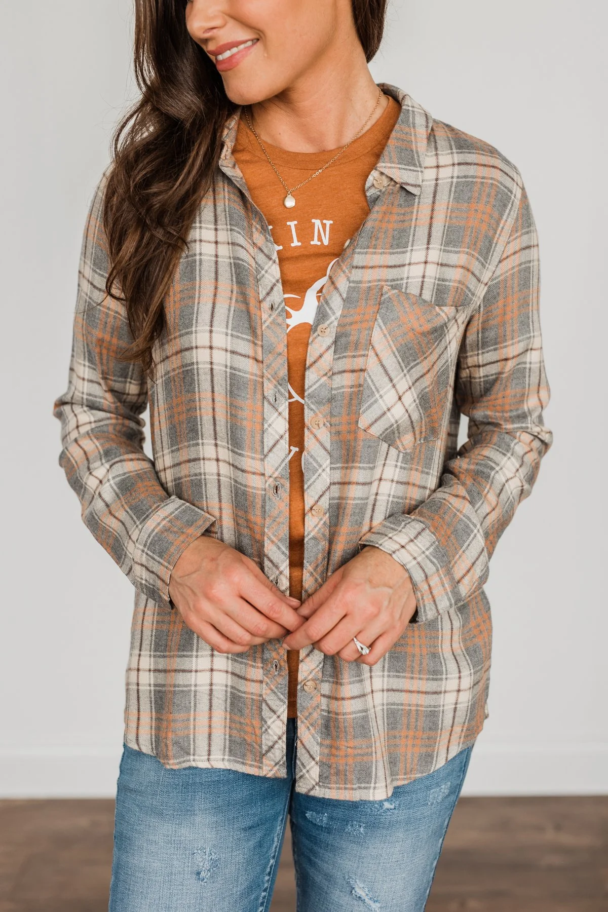 Dreams Like These Button Down Plaid Top- Grey, Oatmeal & Orange - Image 3