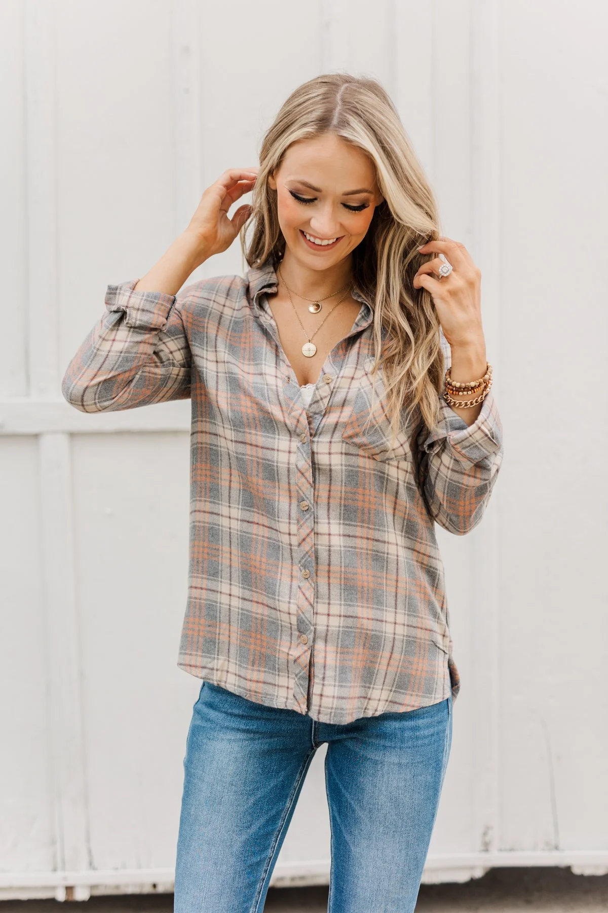 Dreams Like These Button Down Plaid Top- Grey, Oatmeal & Orange - Image 4