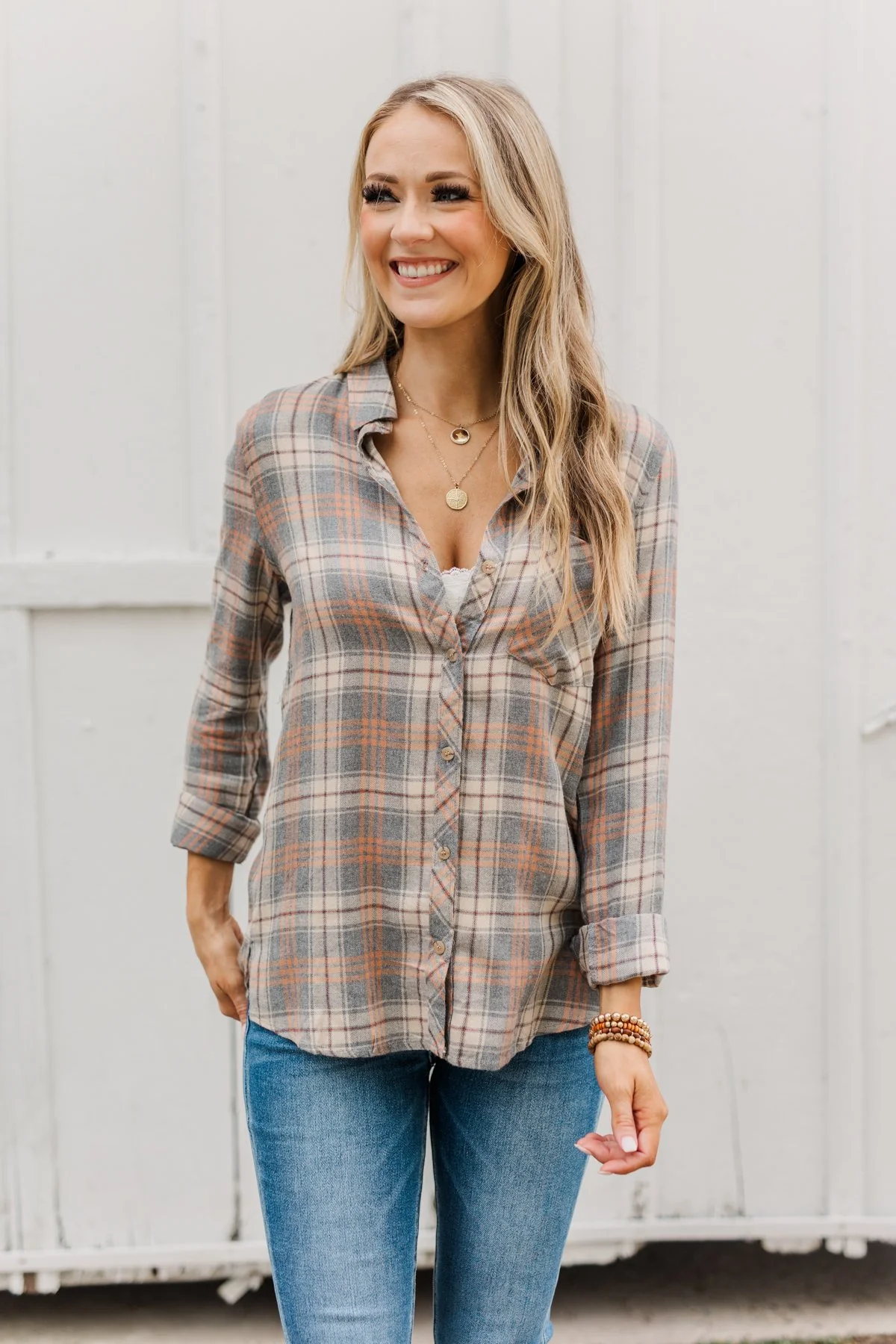 Dreams Like These Button Down Plaid Top- Grey, Oatmeal & Orange - Image 7