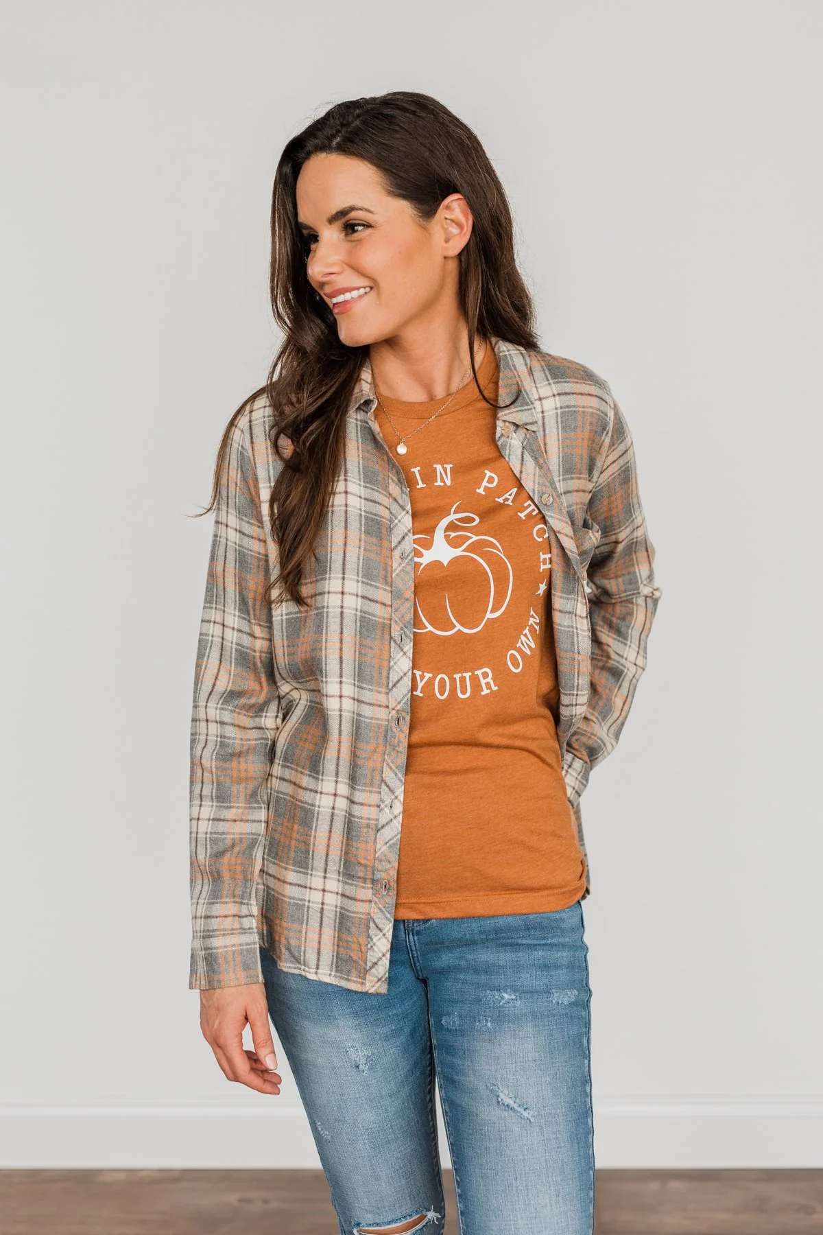Dreams Like These Button Down Plaid Top- Grey, Oatmeal & Orange - Image 9