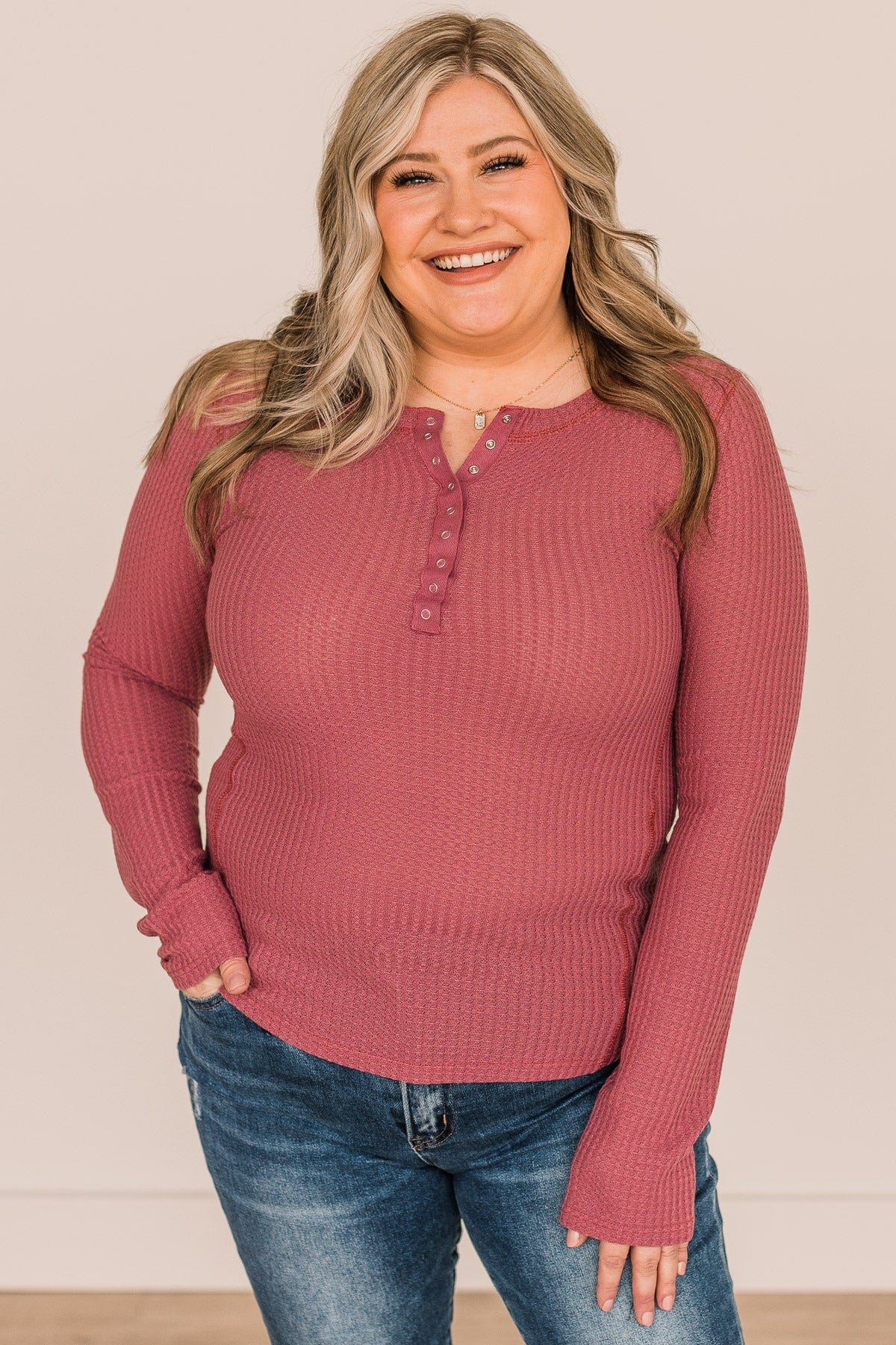Dreams Of Us Waffle Knit Henley Top- Mauve - Image 3