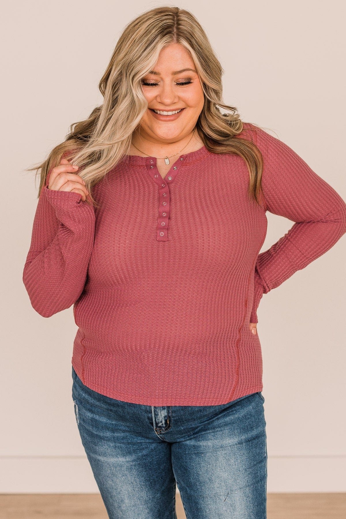 Dreams Of Us Waffle Knit Henley Top- Mauve - Image 6