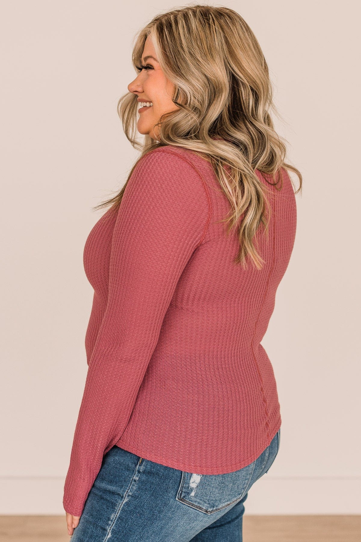 Dreams Of Us Waffle Knit Henley Top- Mauve - Image 7