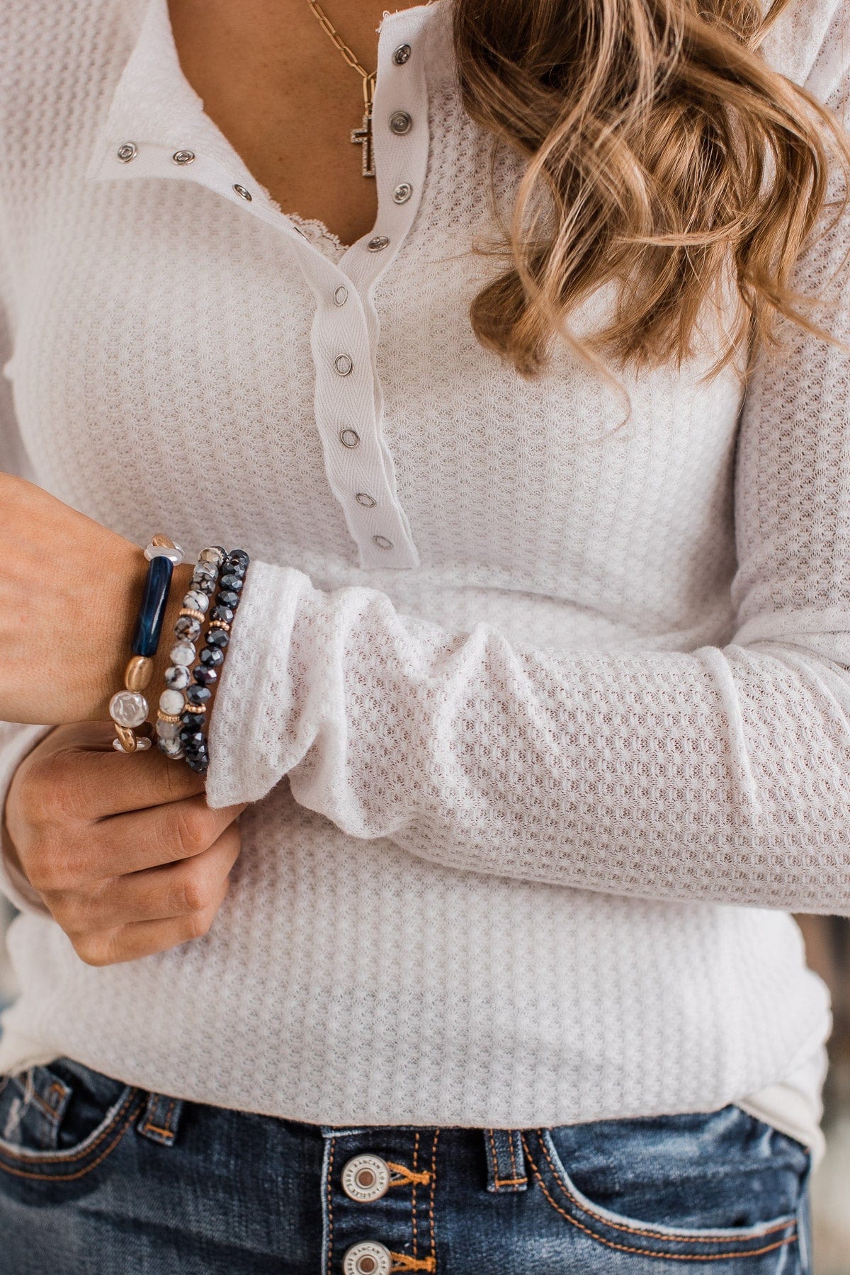Dreams Of Us Waffle Knit Henley Top- White - Image 4