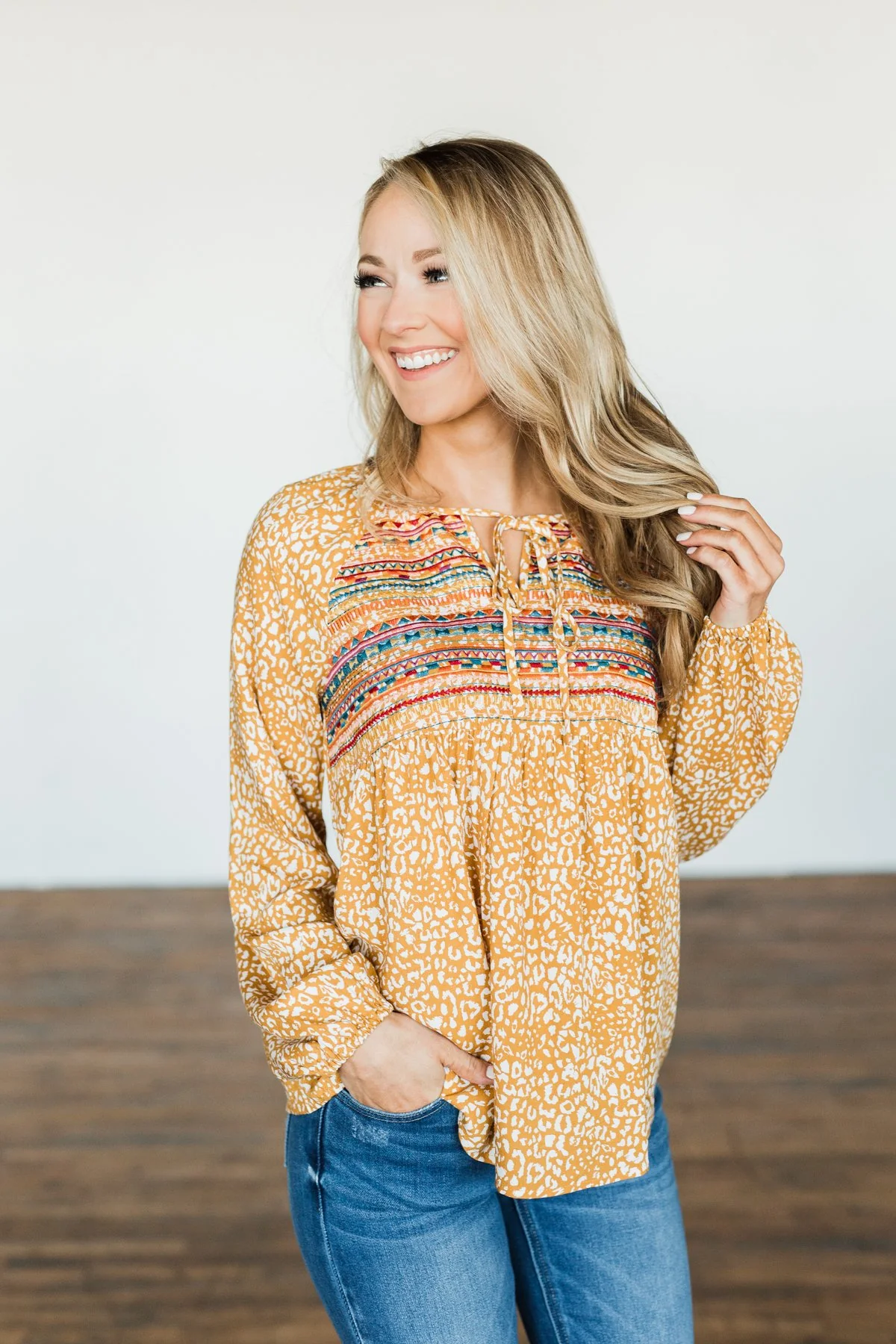 Dress It Up Embroidered Animal Print Blouse- Marigold - Image 4