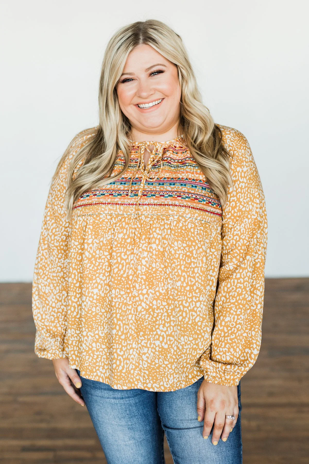 Dress It Up Embroidered Animal Print Blouse- Marigold - Image 5