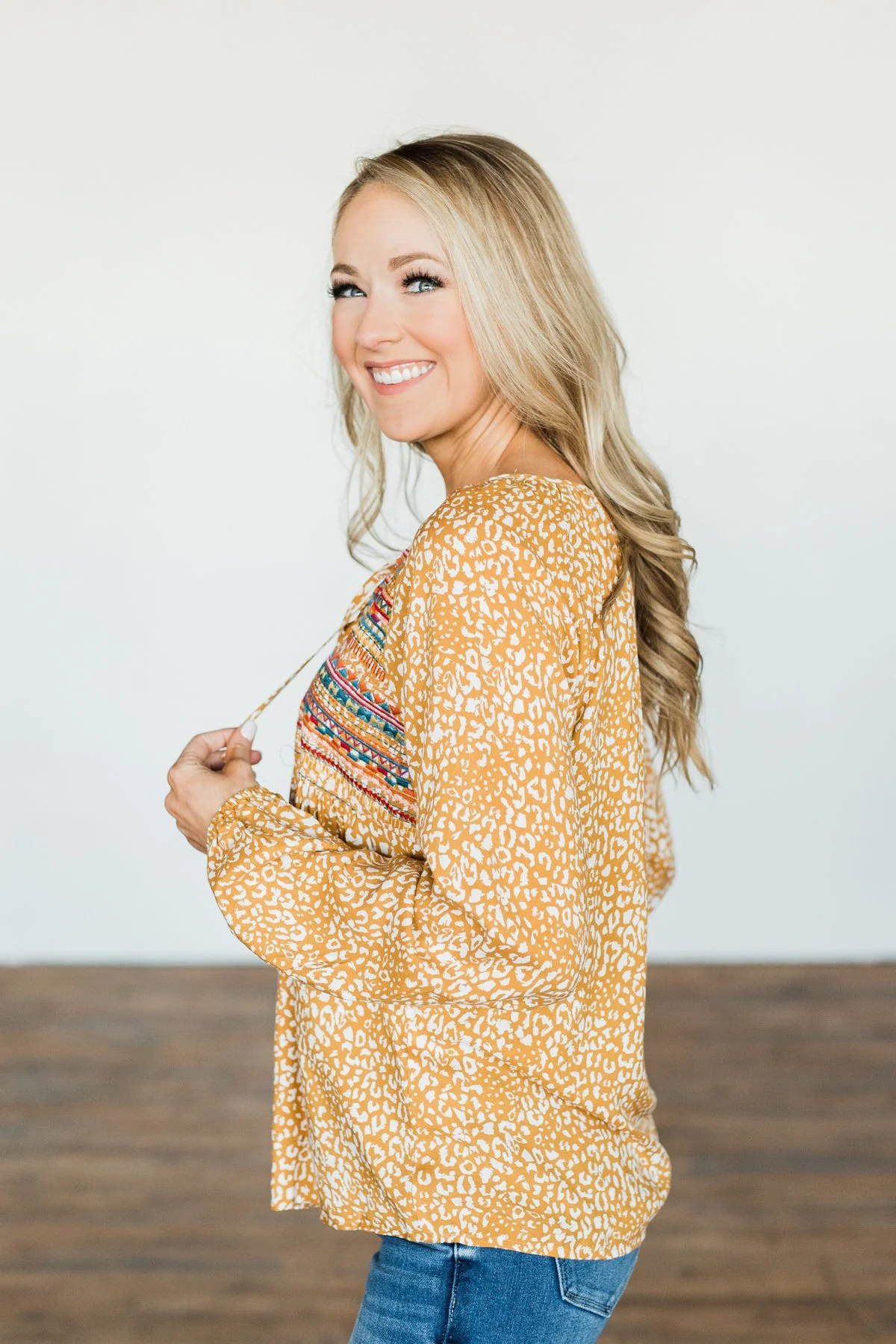 Dress It Up Embroidered Animal Print Blouse- Marigold - Image 6