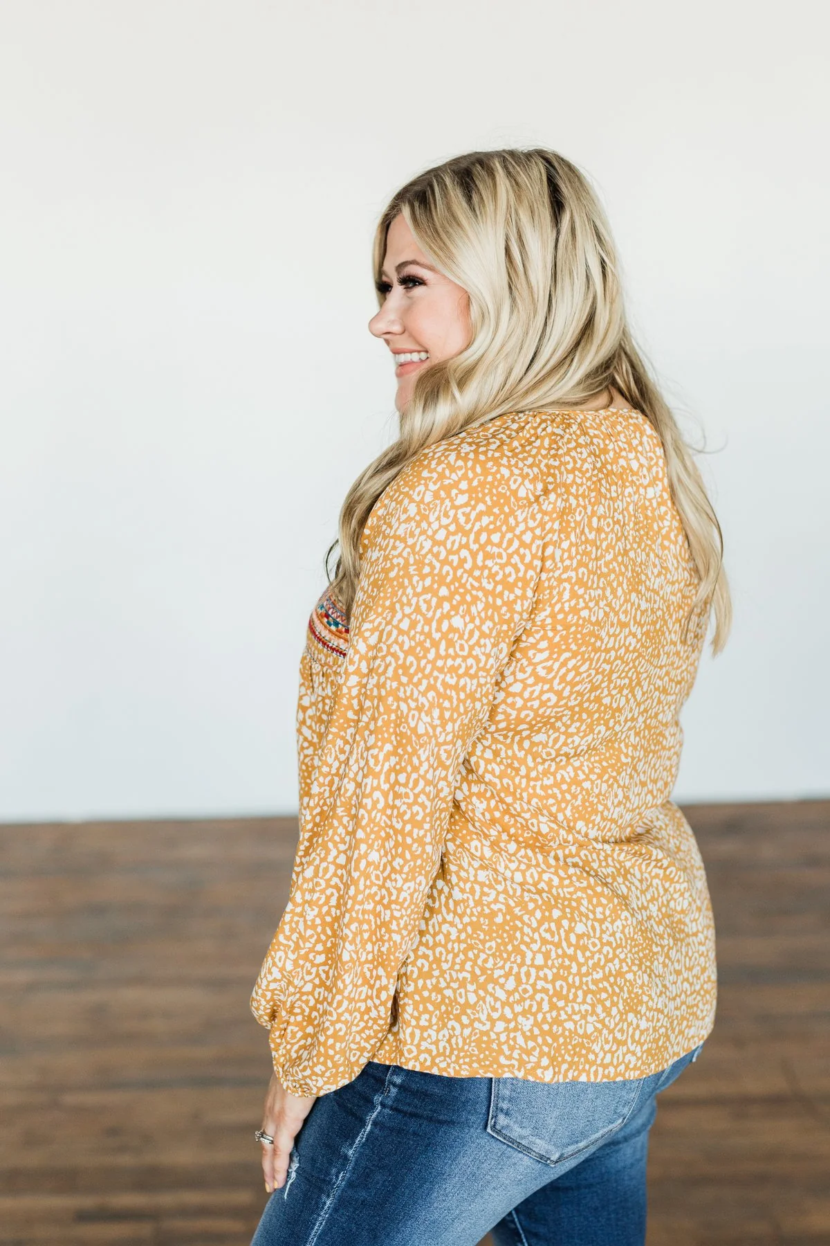 Dress It Up Embroidered Animal Print Blouse- Marigold - Image 7