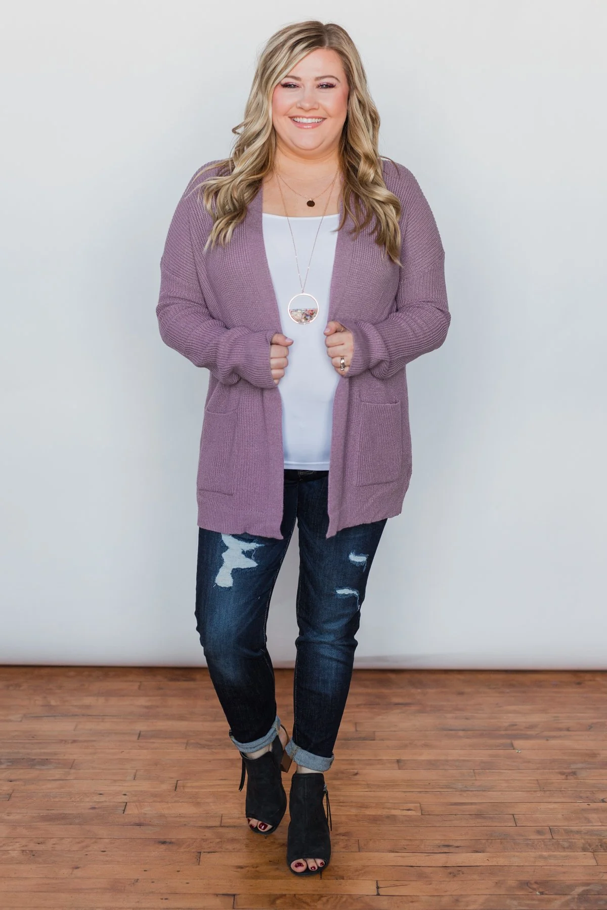 Drop Shoulder Knit Cardigan - Dark Lavender - Image 4