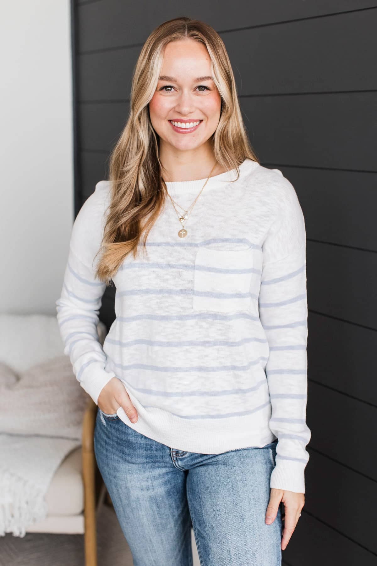 Early Evenings Striped Knit Sweater- Ivory & Blue