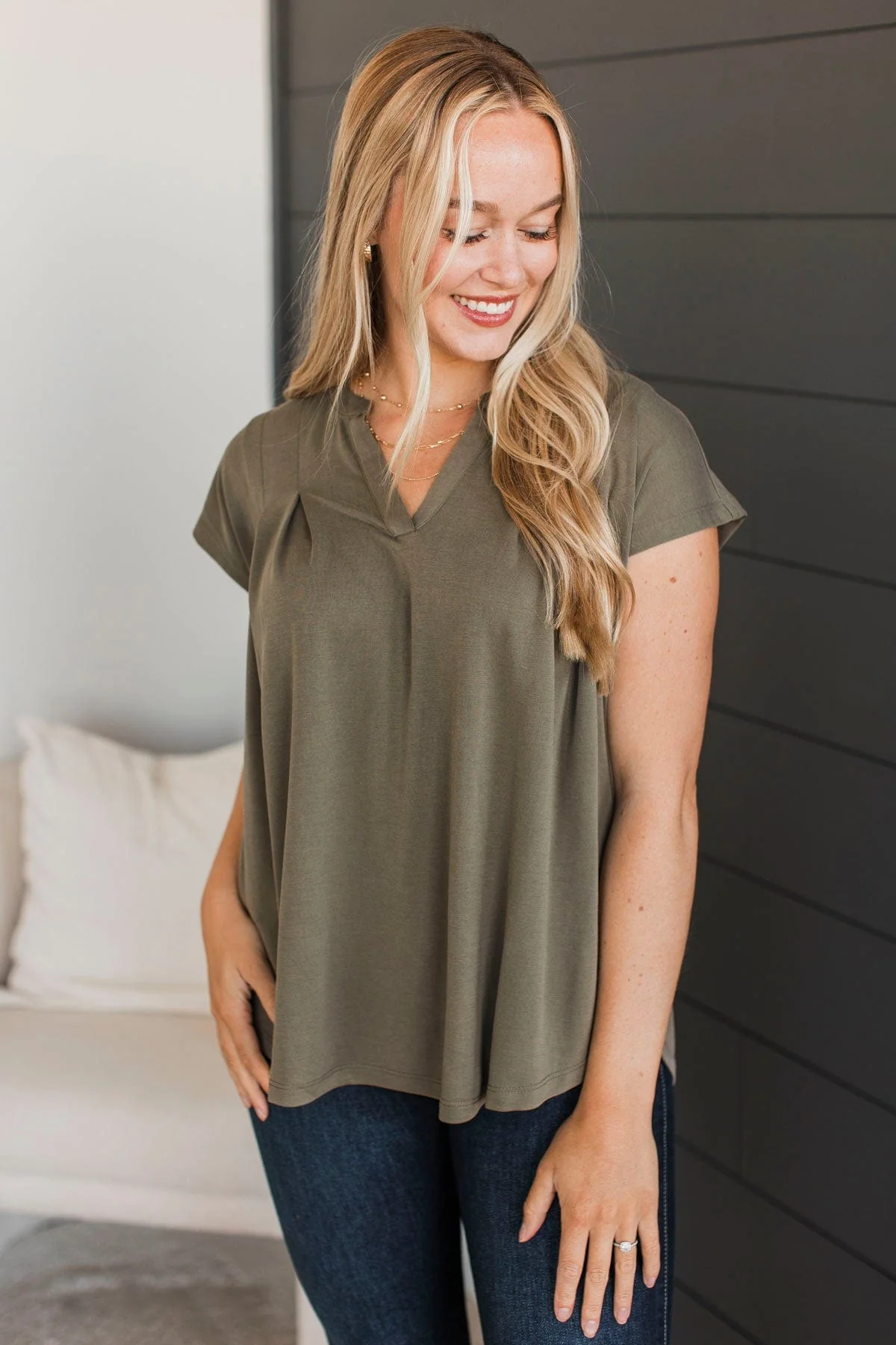 Easily Charmed Cap Sleeve Blouse- Olive - Image 3