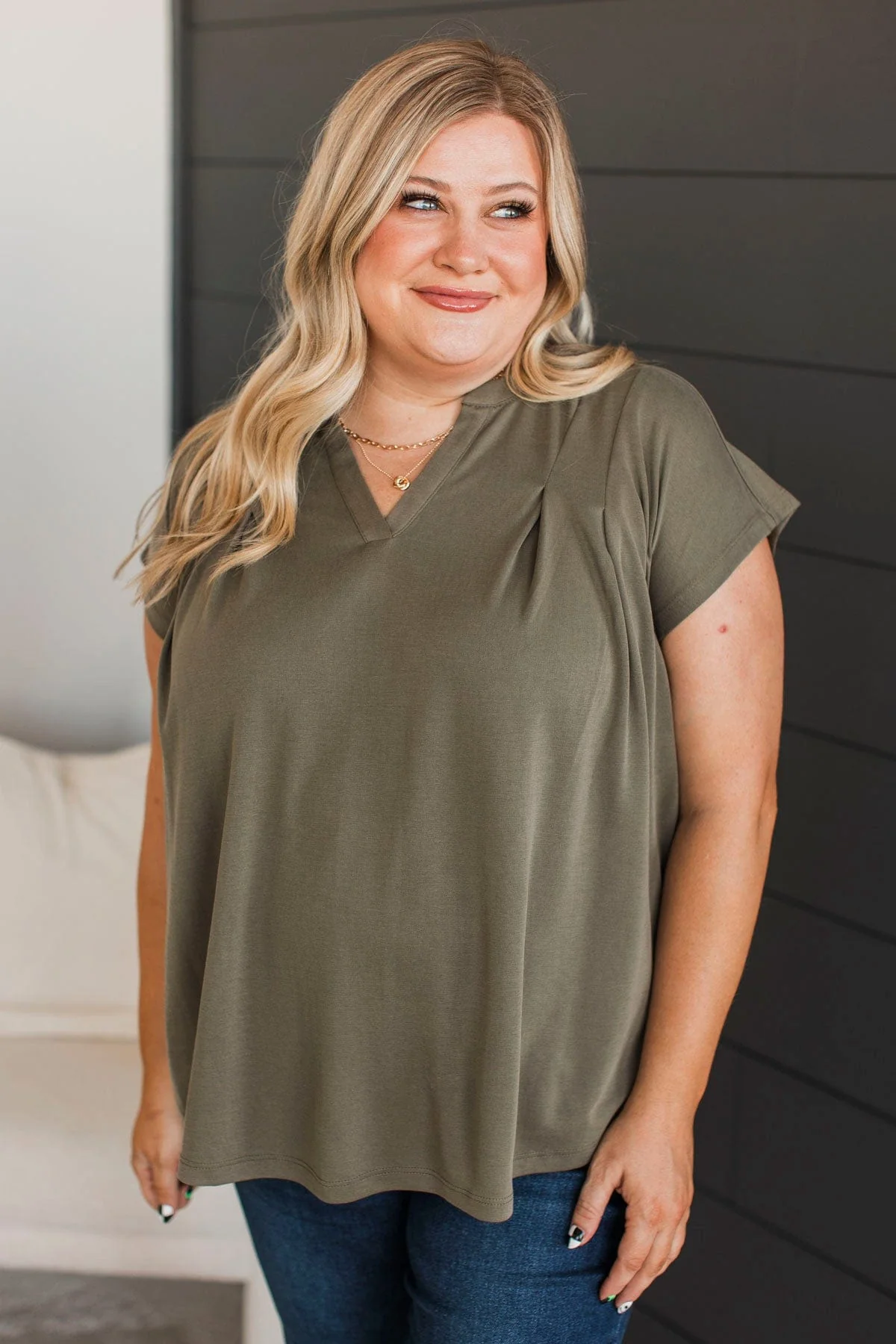 Easily Charmed Cap Sleeve Blouse- Olive - Image 4