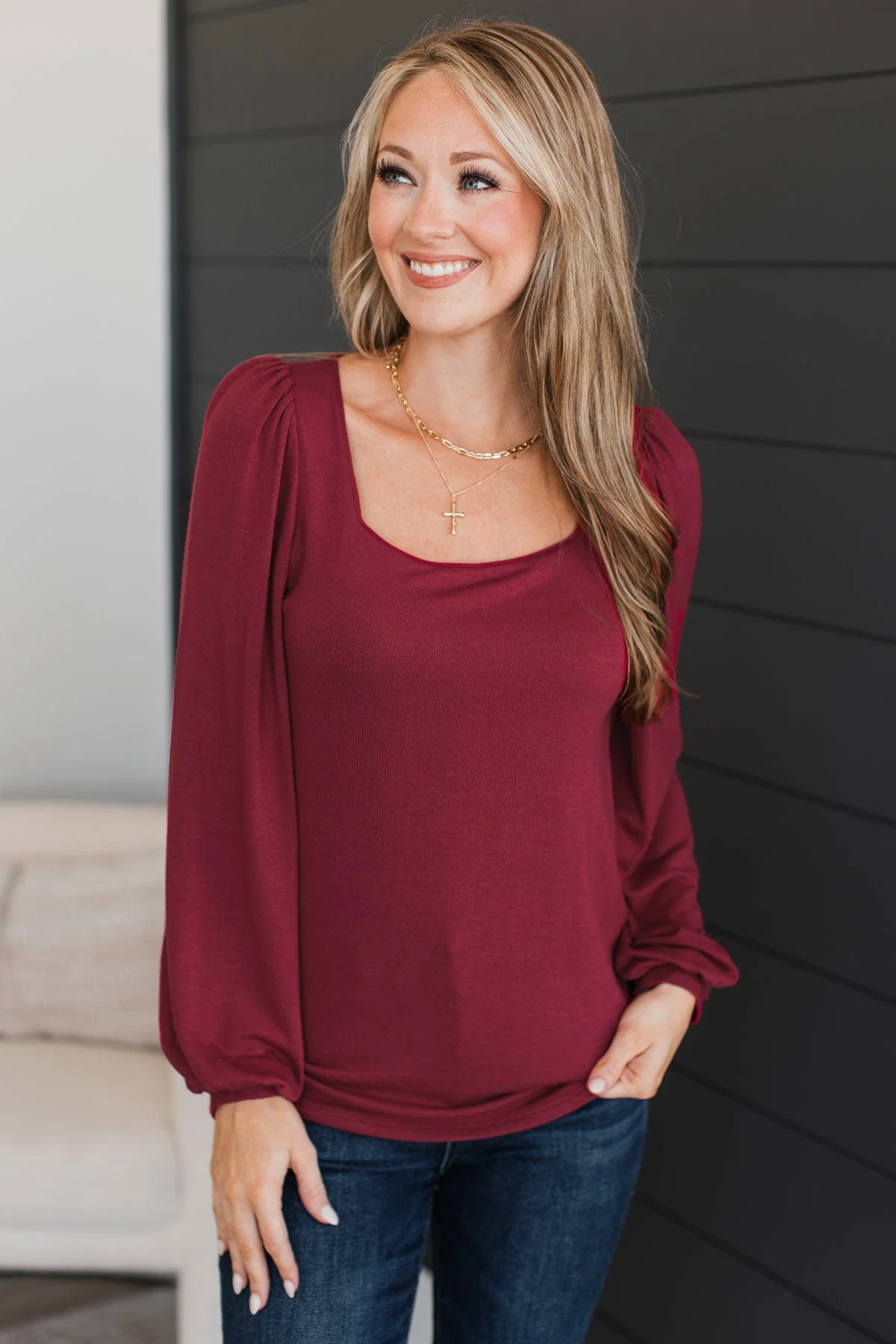 Easily Enchanting Balloon Sleeve Top- Burgundy - Image 2