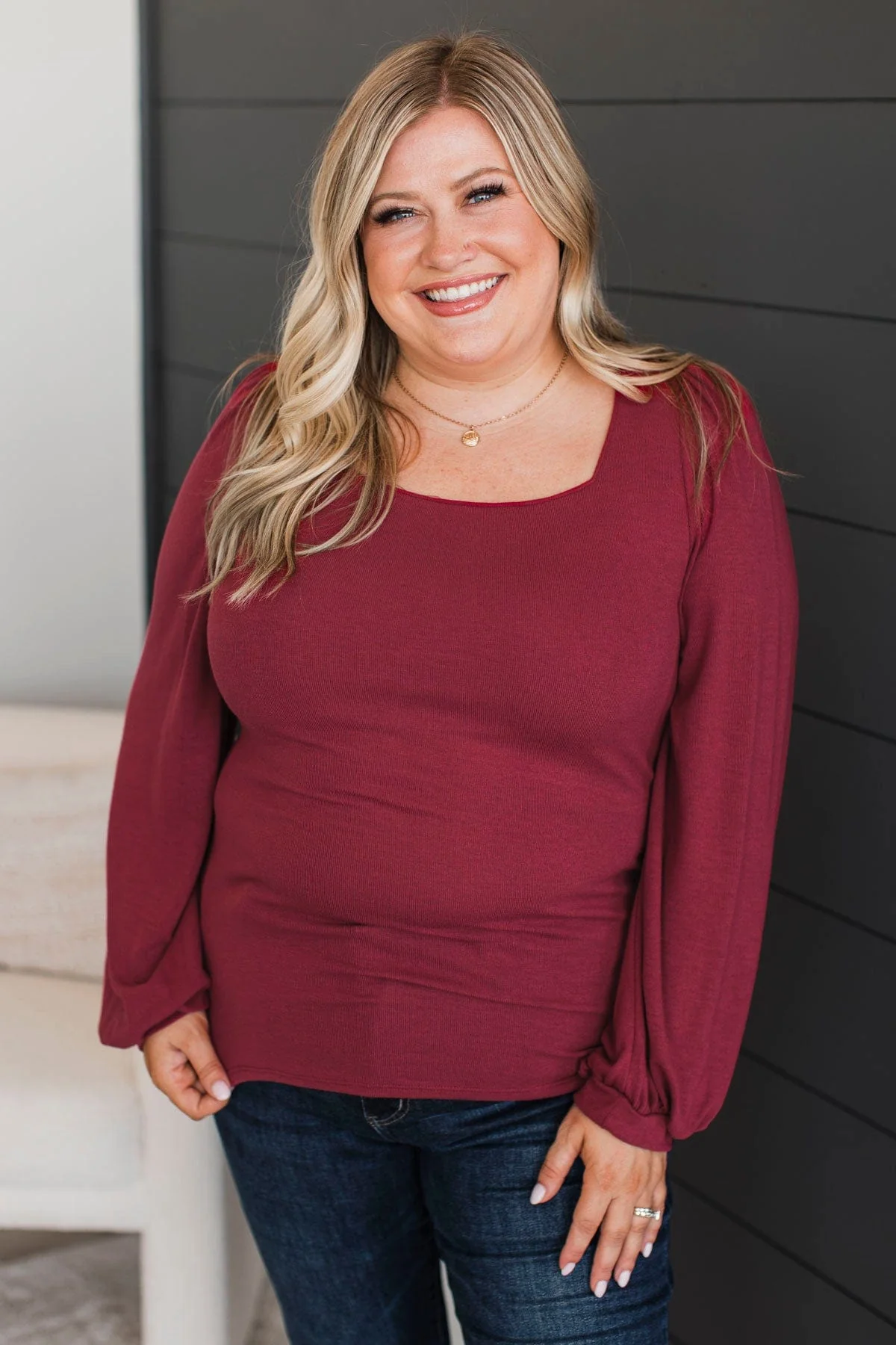 Easily Enchanting Balloon Sleeve Top- Burgundy - Image 3