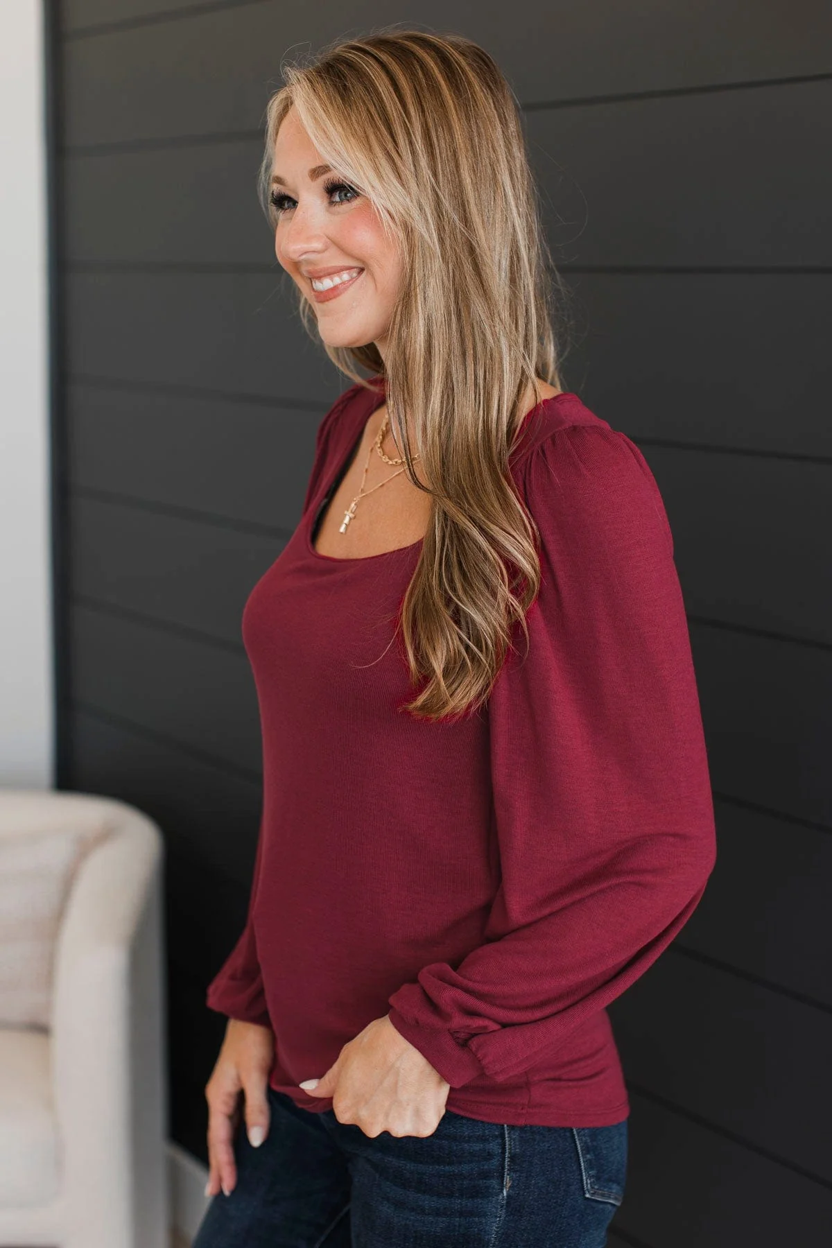 Easily Enchanting Balloon Sleeve Top- Burgundy - Image 6