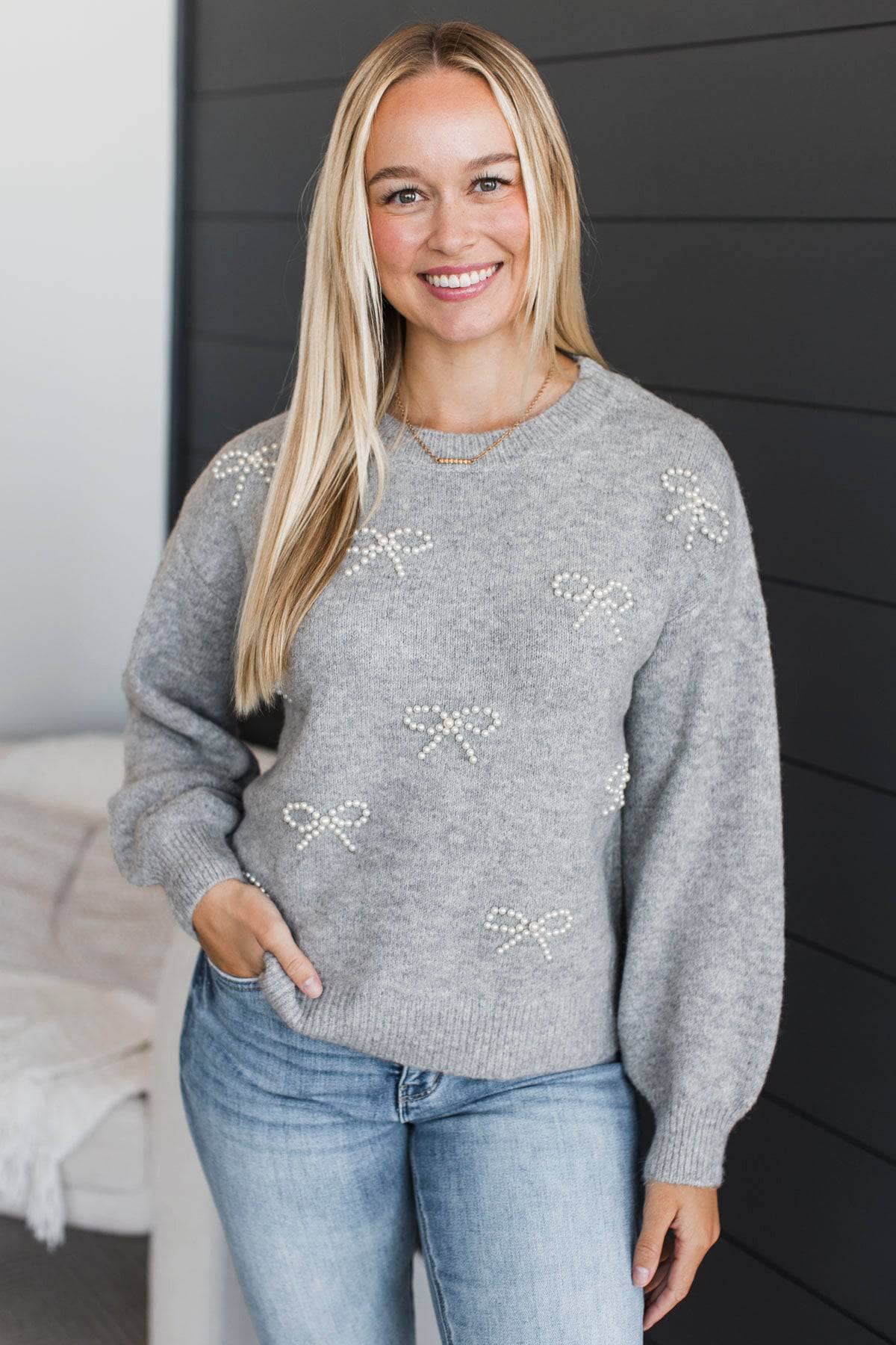 Easily Gorgeous Embroidered Knit Sweater- Heather Grey