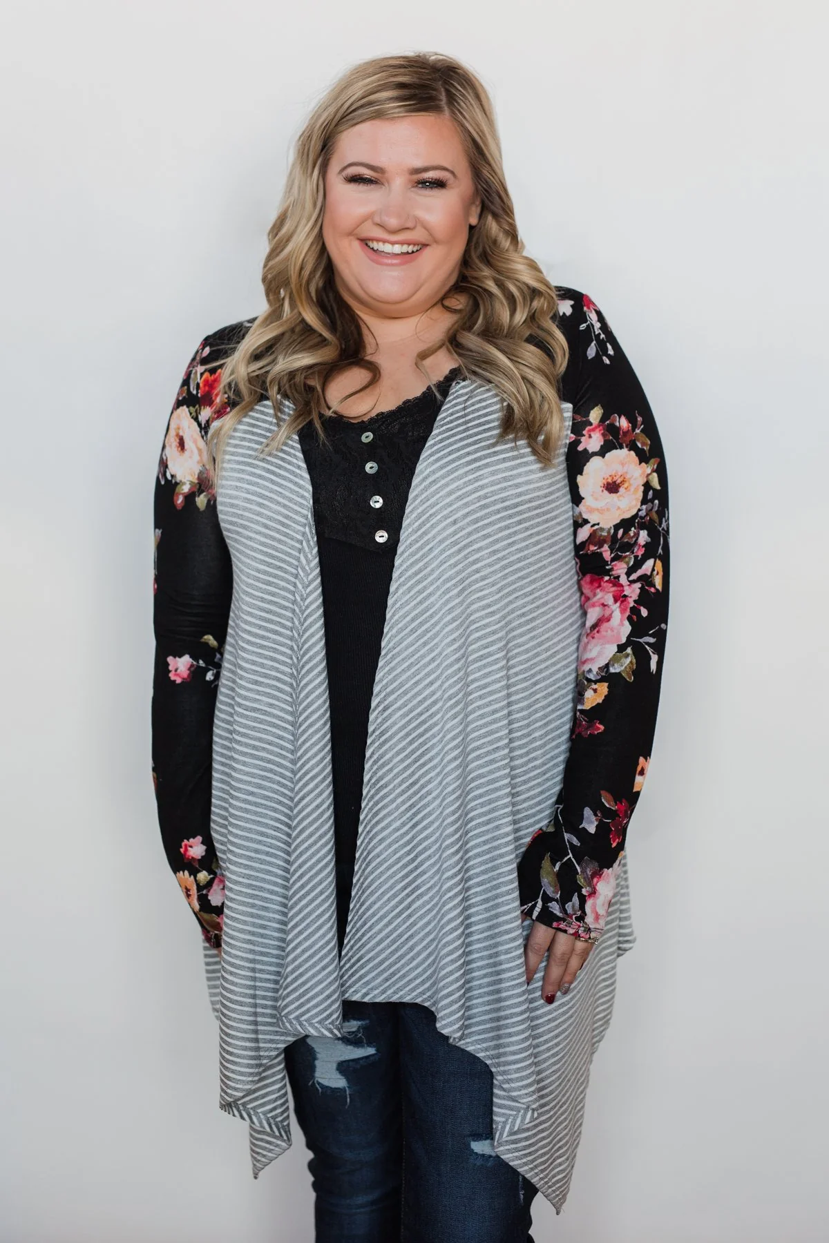 Easy Breeze Floral & Striped Cardigan- Black & Grey - Image 11