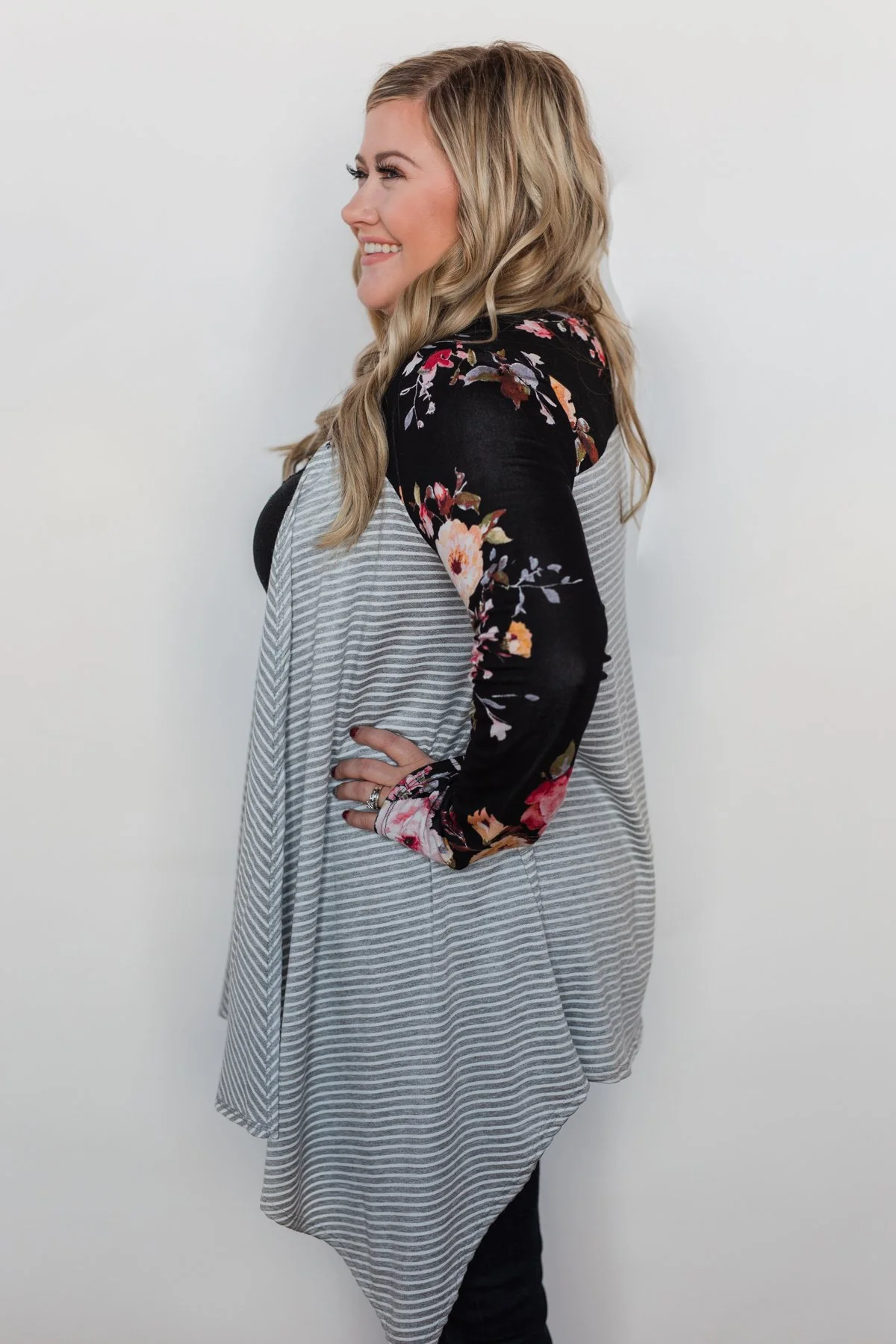 Easy Breeze Floral & Striped Cardigan- Black & Grey - Image 13
